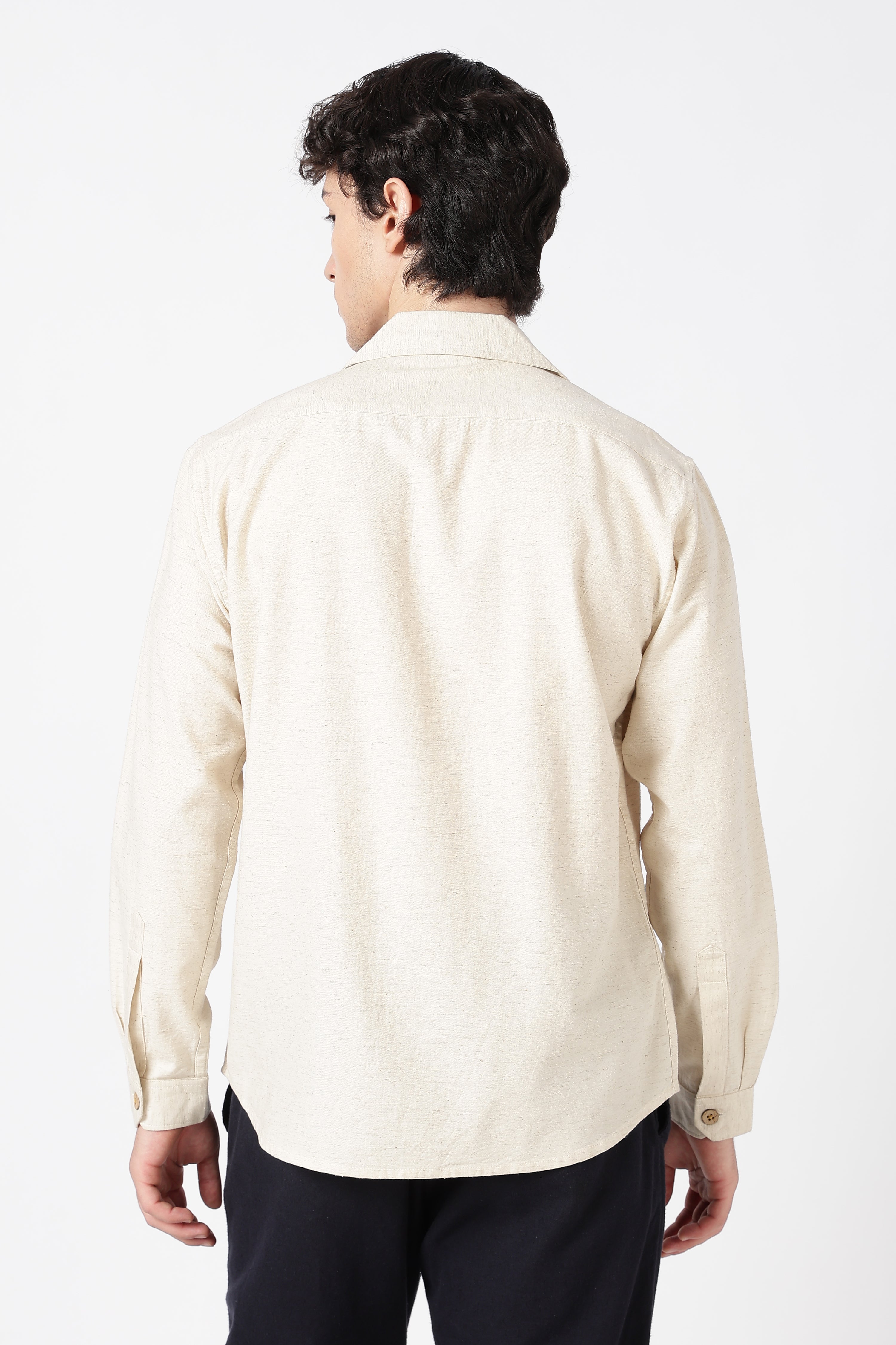 Midnight Raven Cotton Cooper Collar Beige Embroidered Shirt