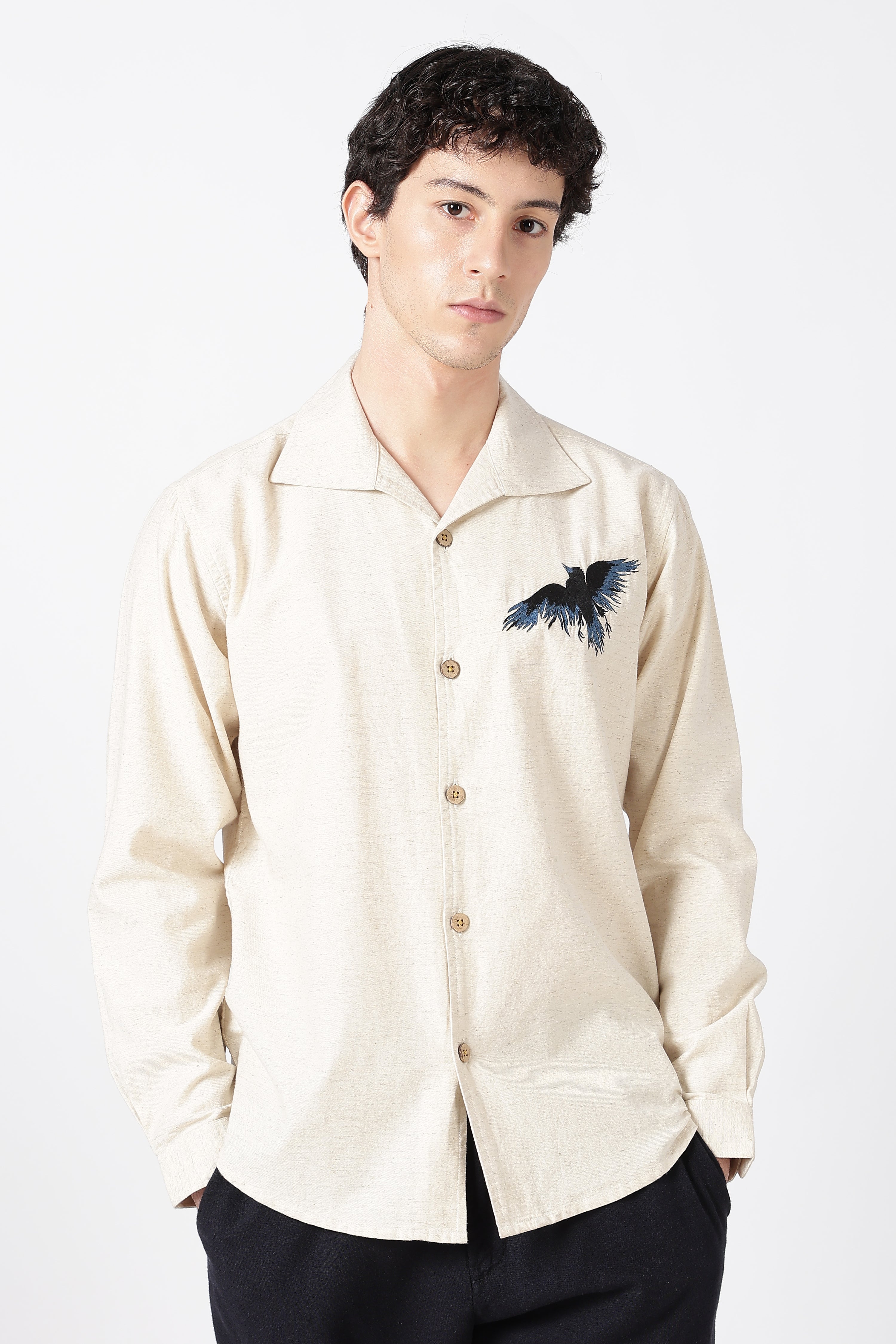 Midnight Raven Cotton Cooper Collar Beige Embroidered Shirt