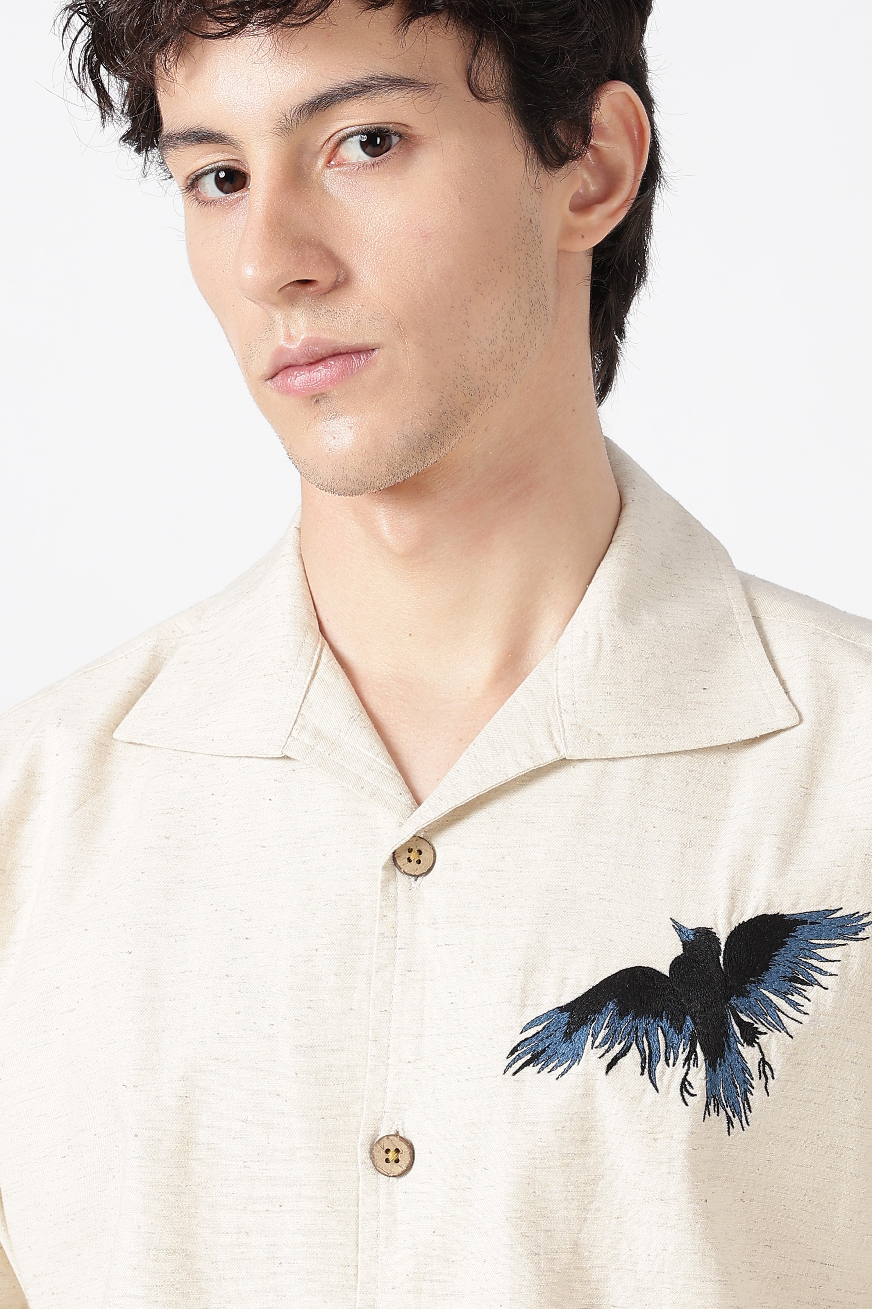 Midnight Raven Cotton Cooper Collar Beige Embroidered Shirt
