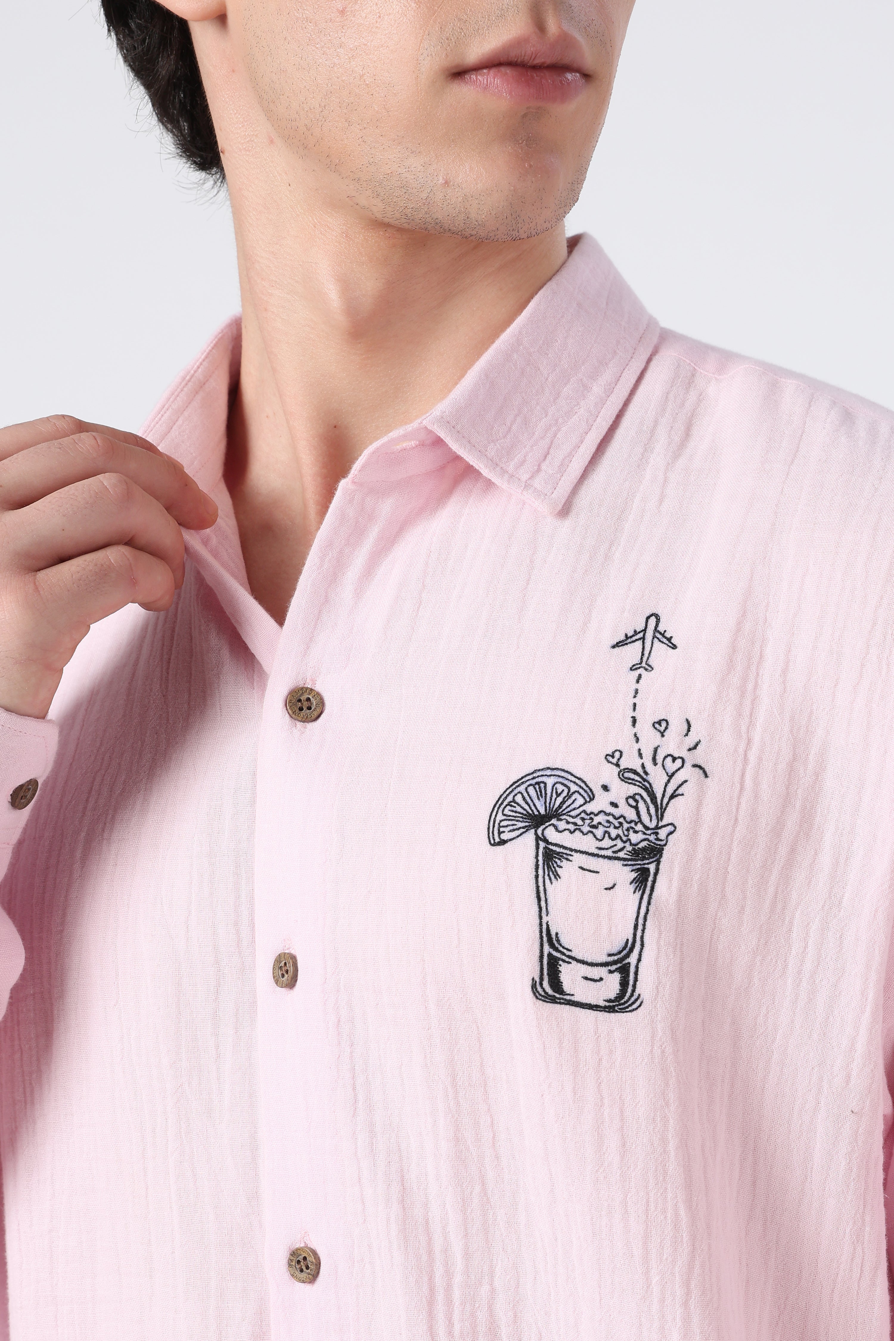 Traveller's favourite Regular Fit 100% Cotton Muslin Double Cloth Pink Embroidered Shirt