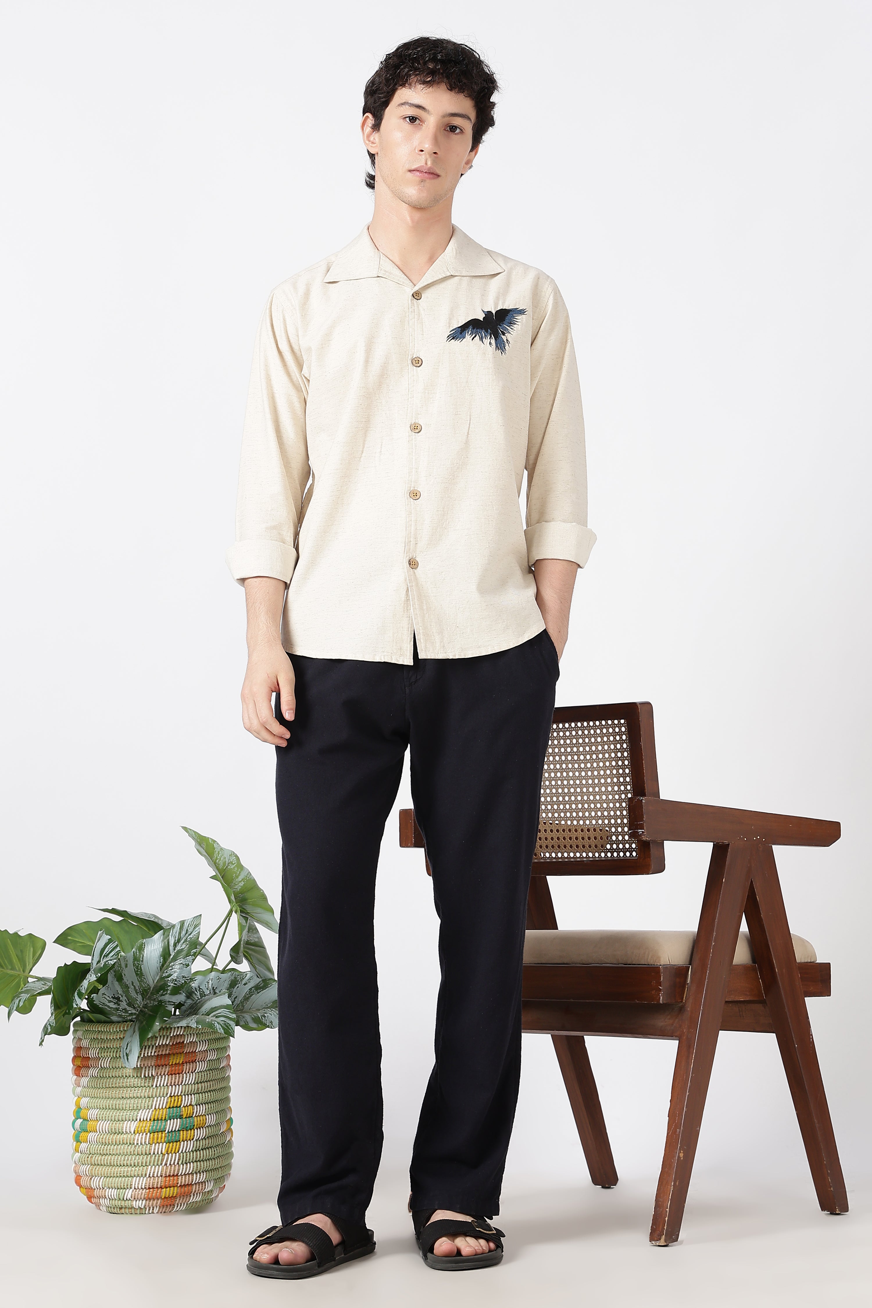 Midnight Raven Cotton Cooper Collar Beige Embroidered Shirt