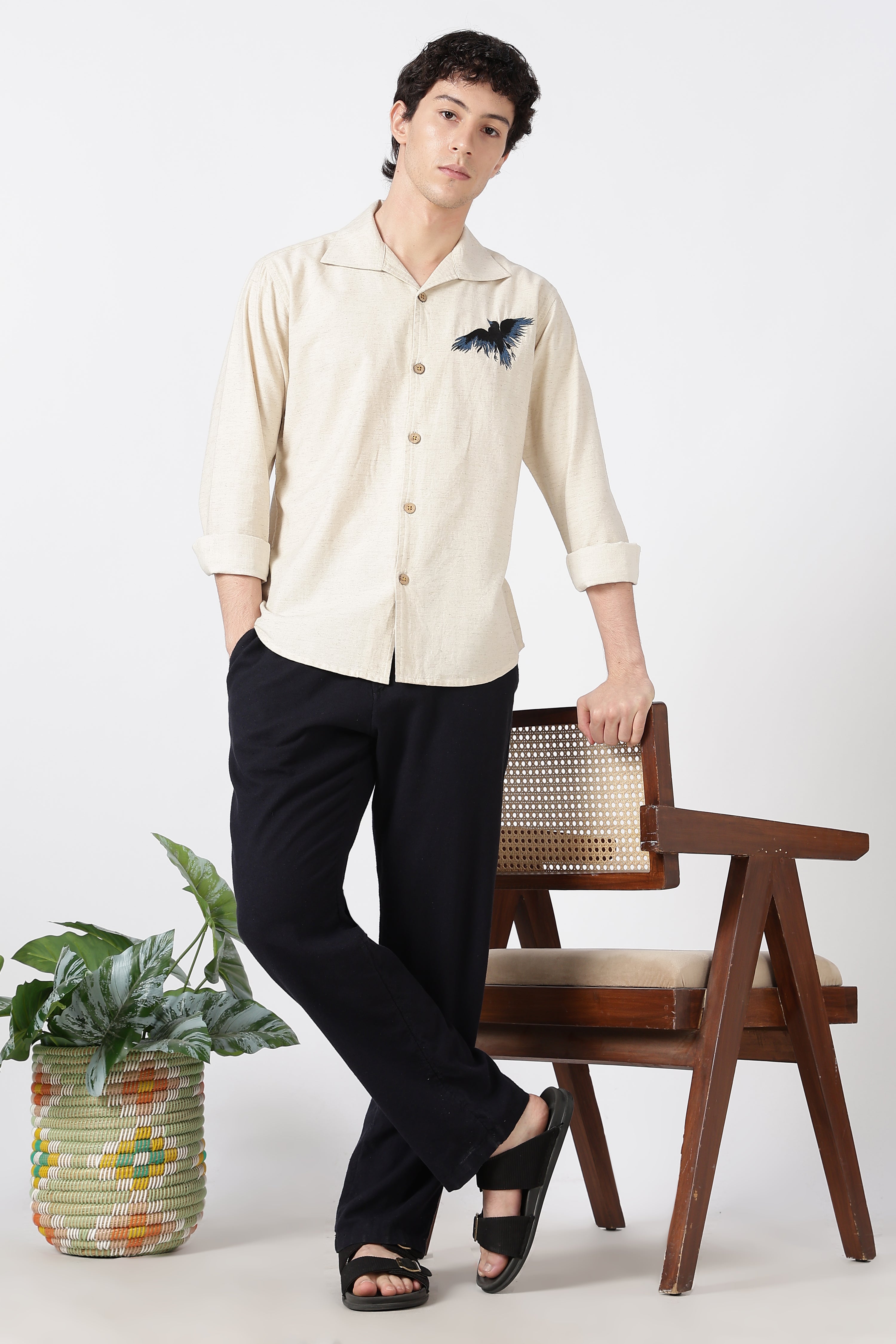 Midnight Raven Cotton Cooper Collar Beige Embroidered Shirt