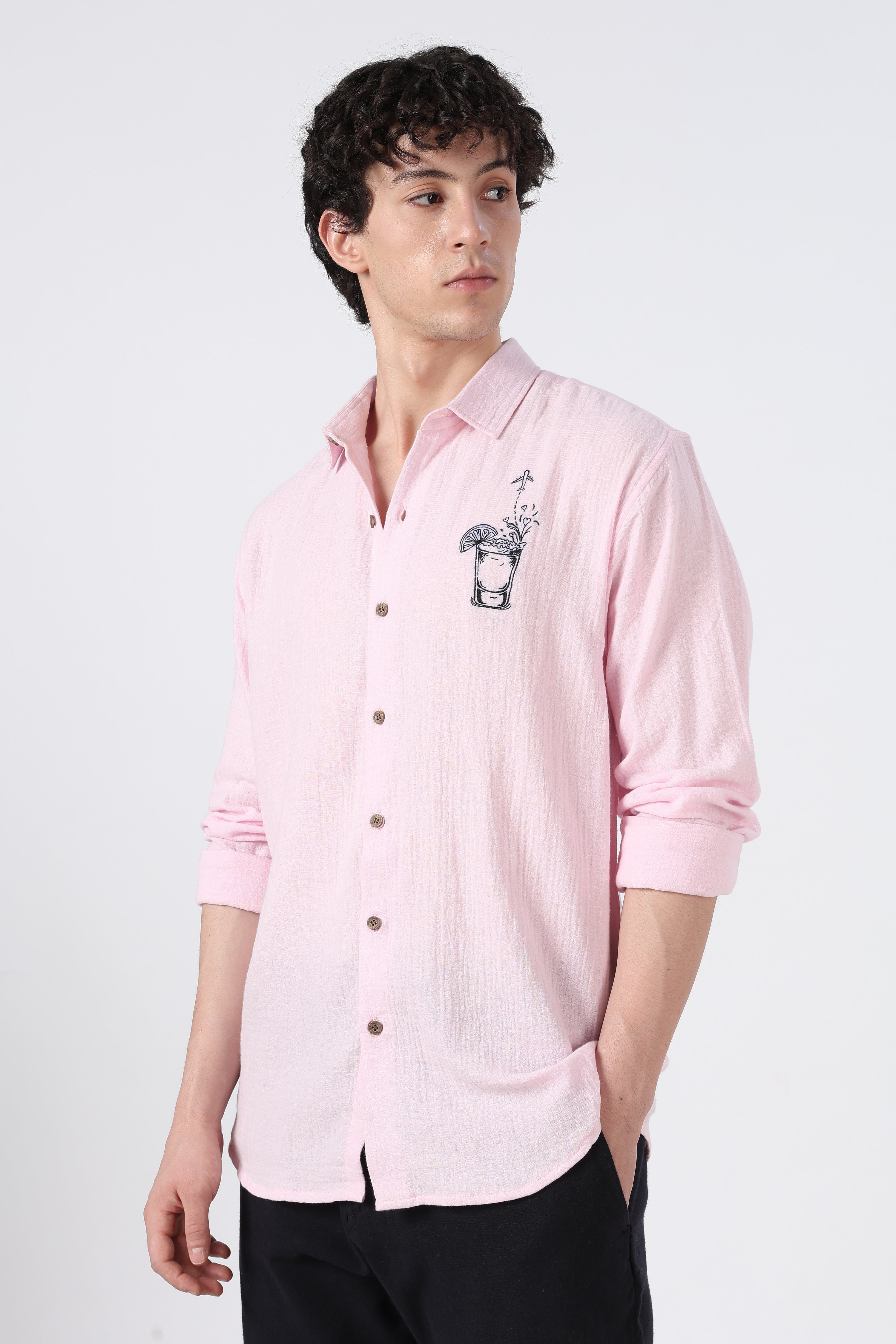 Traveller's favourite Regular Fit 100% Cotton Muslin Double Cloth Pink Embroidered Shirt