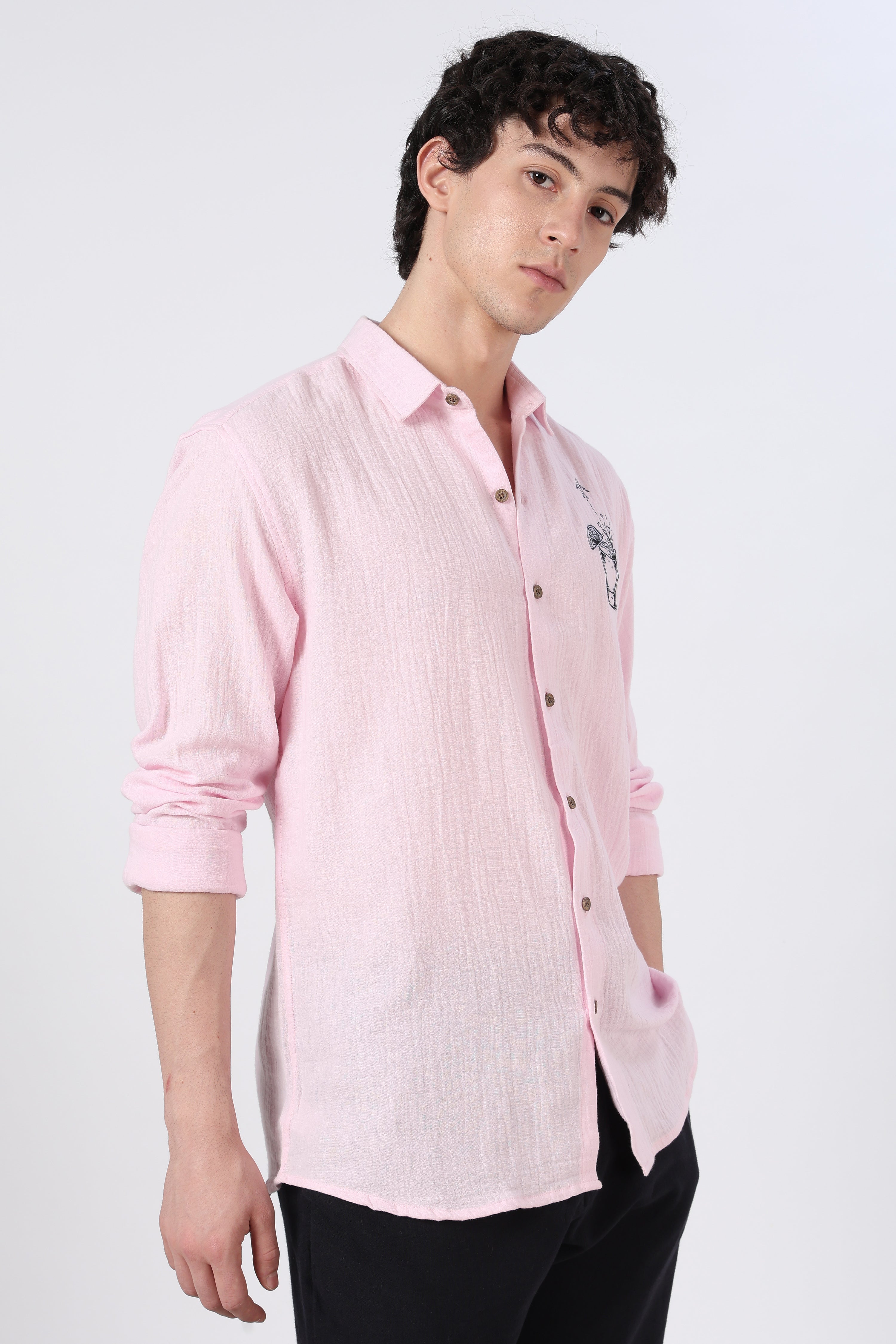 Traveller's favourite Regular Fit 100% Cotton Muslin Double Cloth Pink Embroidered Shirt