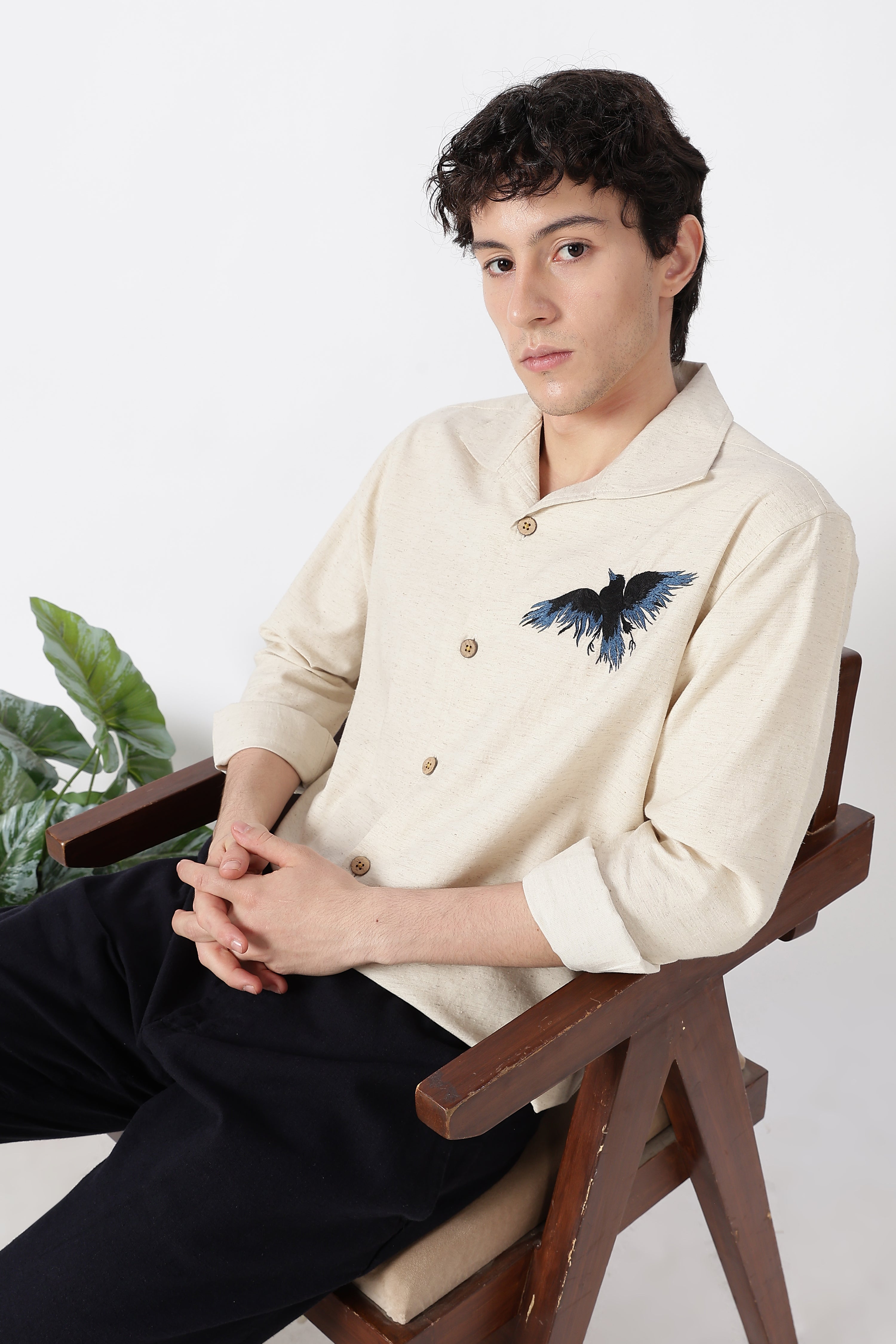 Midnight Raven Cotton Cooper Collar Beige Embroidered Shirt