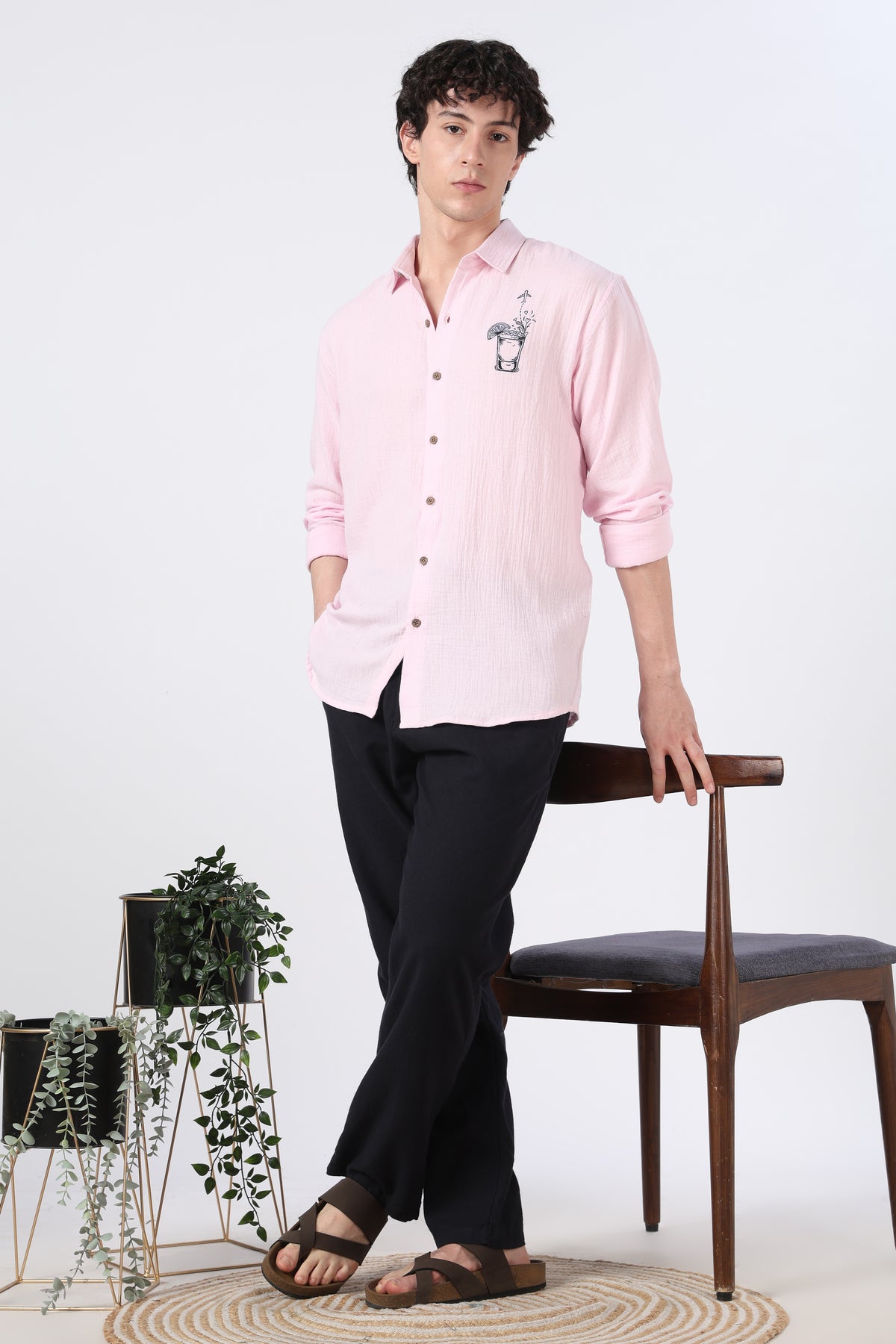 Traveller's favourite Regular Fit 100% Cotton Muslin Double Cloth Pink Embroidered Shirt