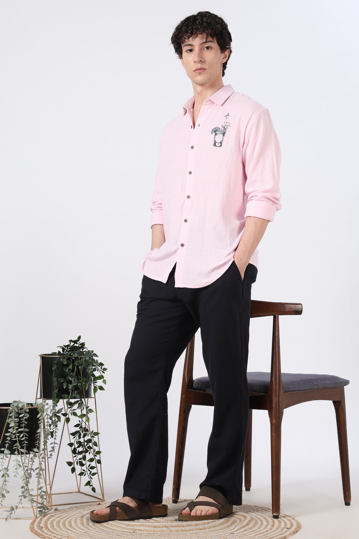 Traveller's favourite Regular Fit 100% Cotton Muslin Double Cloth Pink Embroidered Shirt