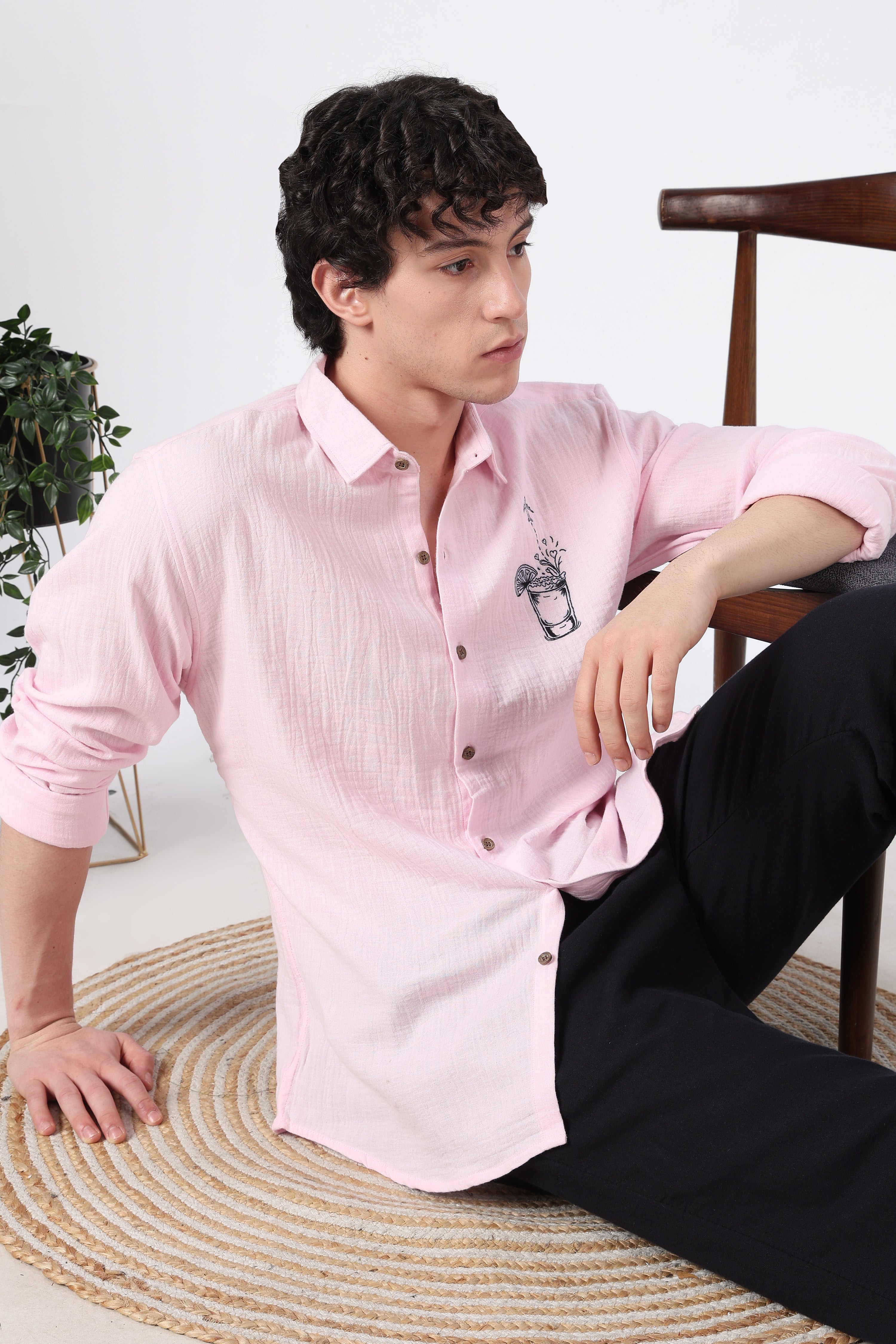Traveller's favourite Regular Fit 100% Cotton Muslin Double Cloth Pink Embroidered Shirt