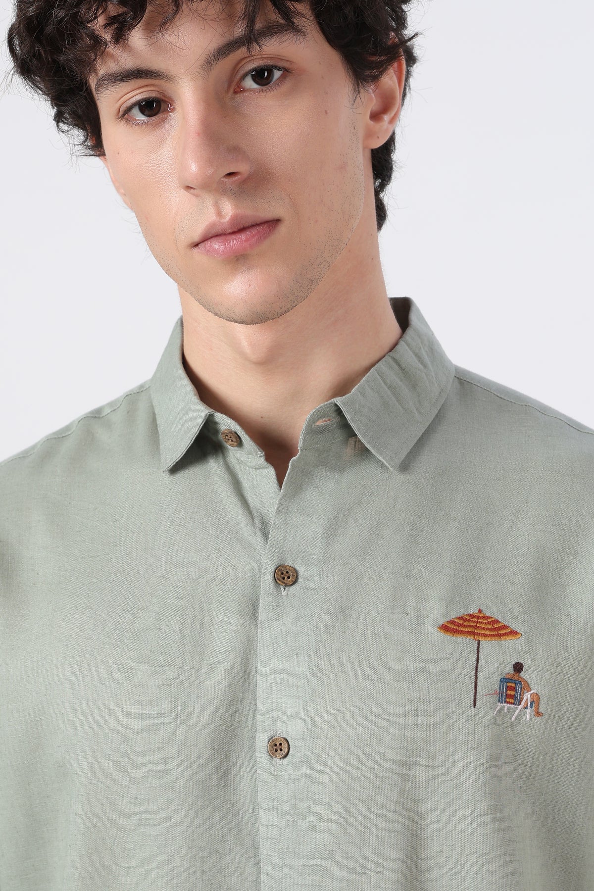 Coastal Escape Cotton Regular Fit Sage Green Embroidered Shirt