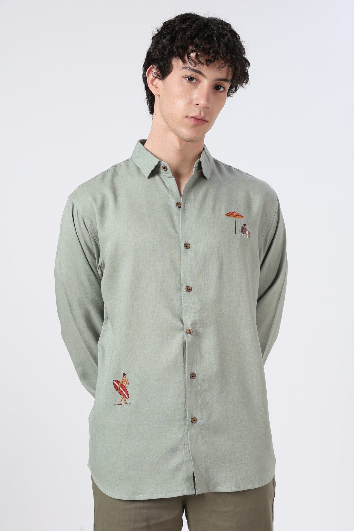Coastal Escape Cotton Regular Fit Sage Green Embroidered Shirt