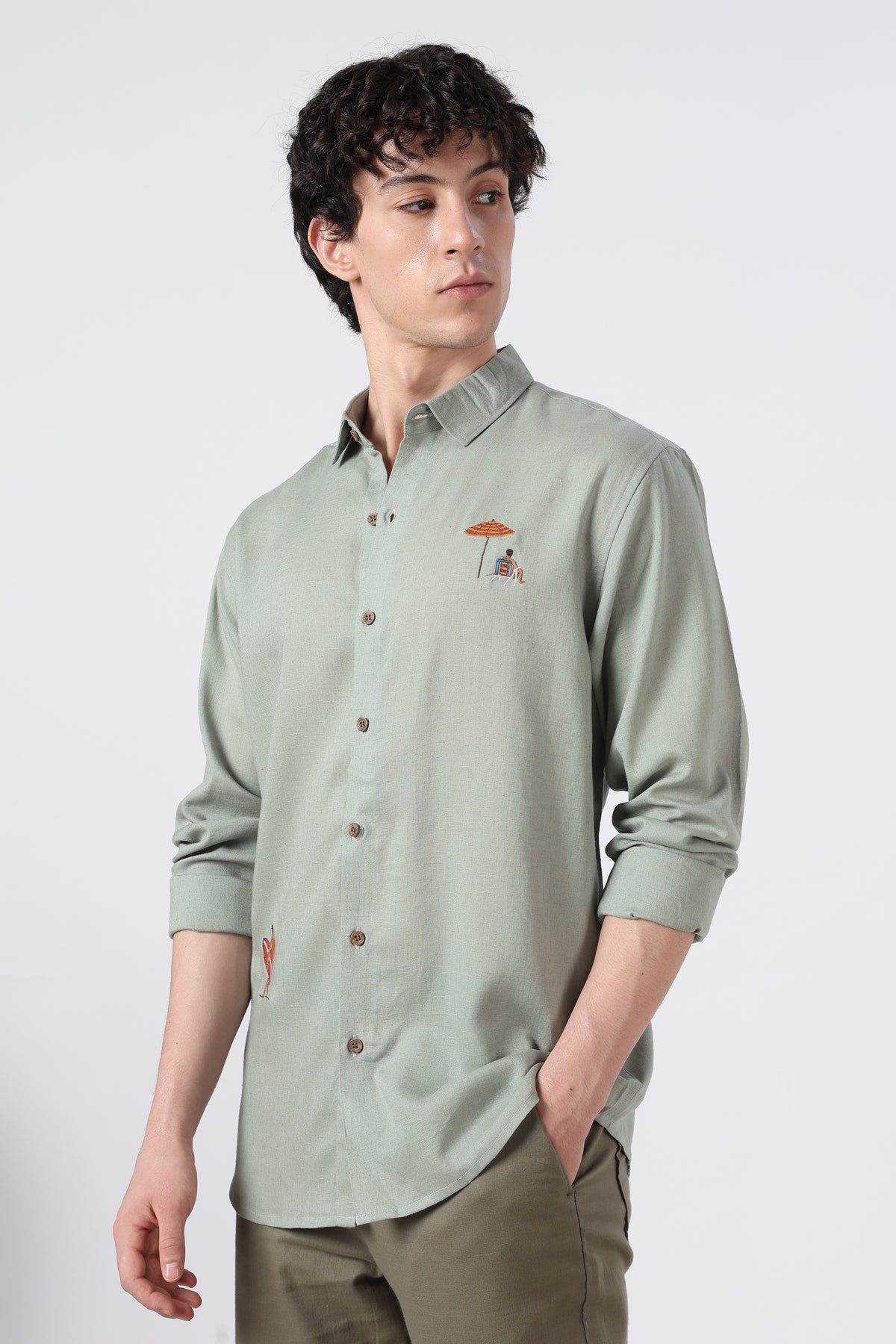 Coastal Escape Cotton Regular Fit Sage Green Embroidered Shirt