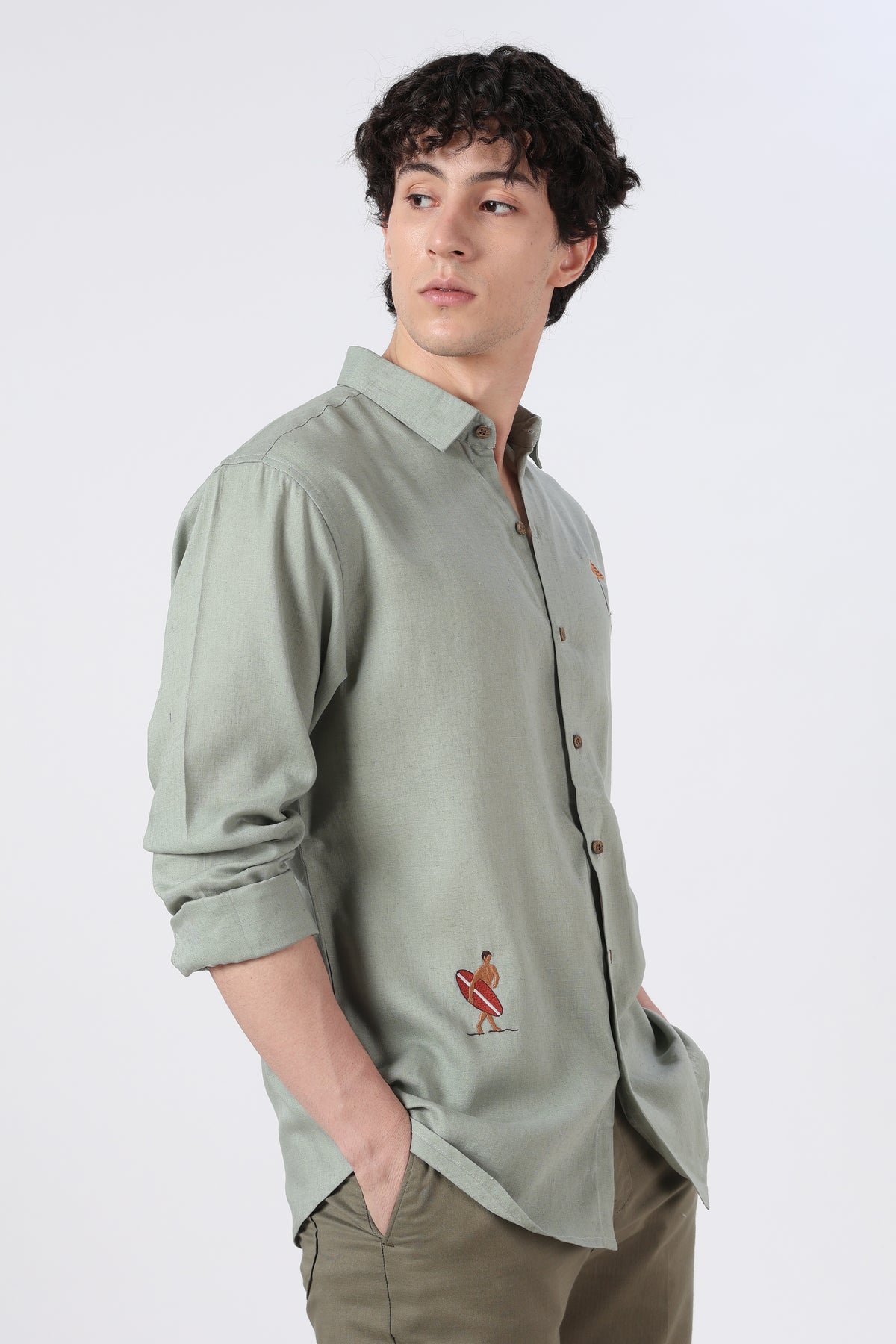 Coastal Escape Cotton Regular Fit Sage Green Embroidered Shirt