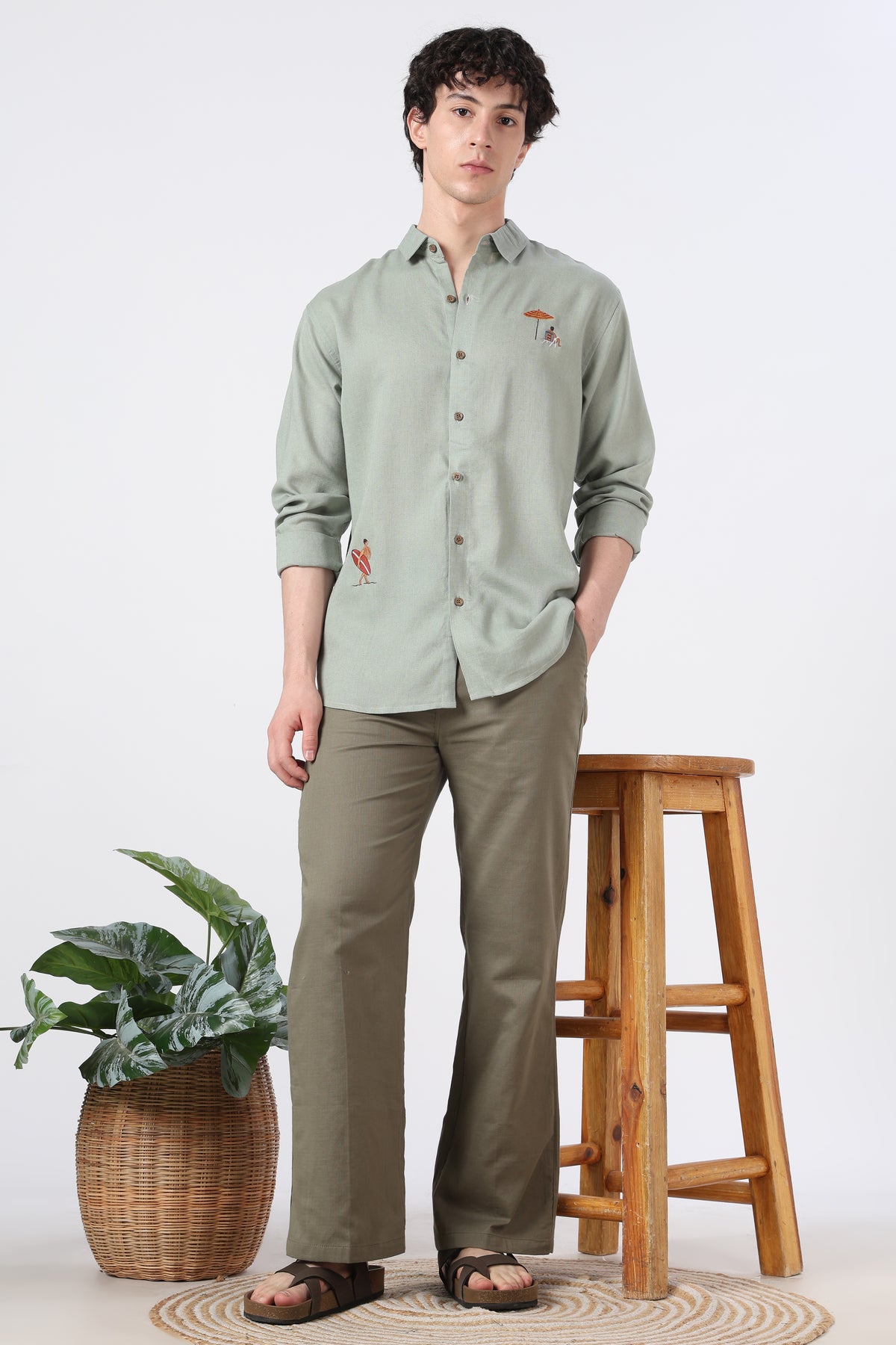 Coastal Escape Cotton Regular Fit Sage Green Embroidered Shirt