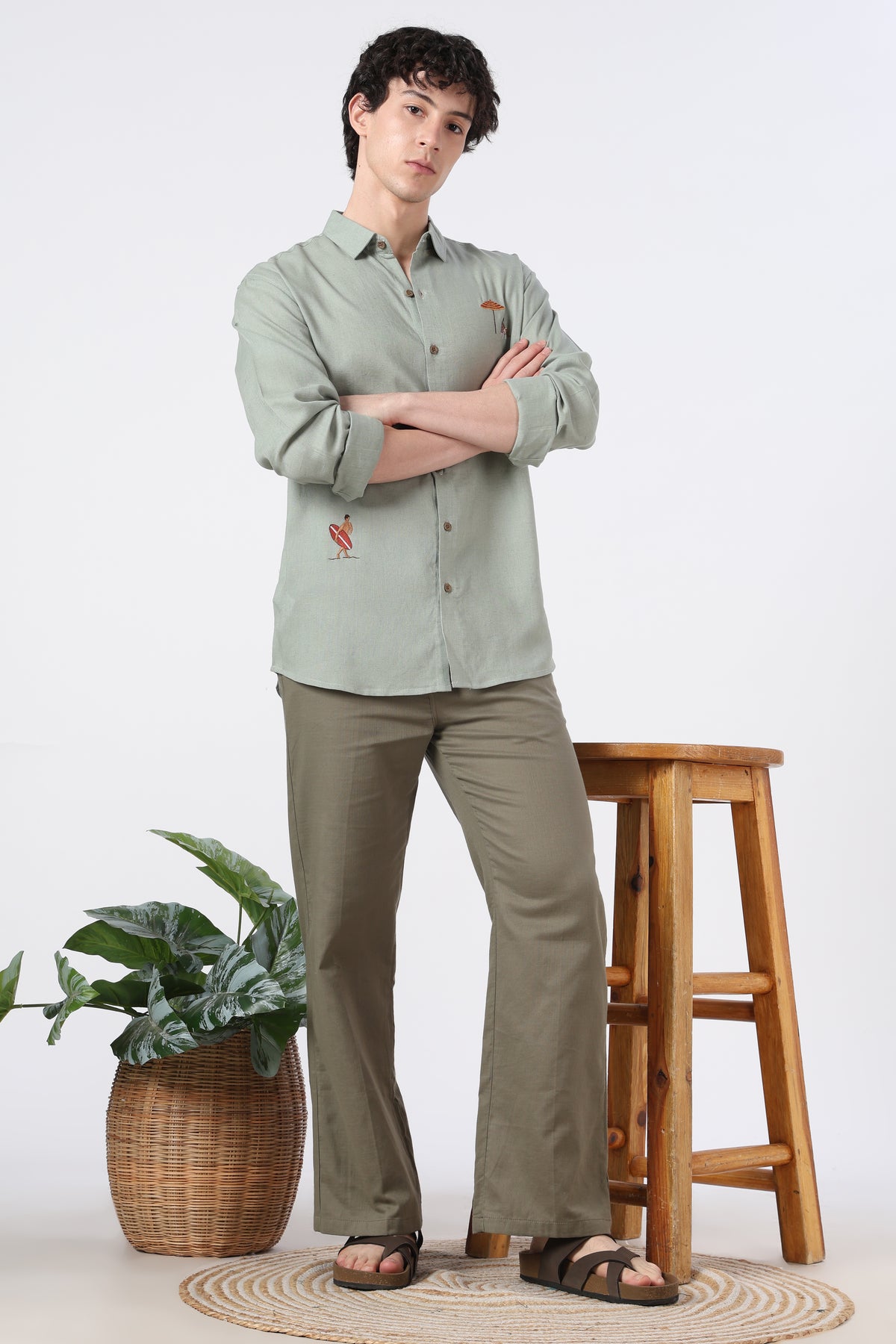 Coastal Escape Cotton Regular Fit Sage Green Embroidered Shirt