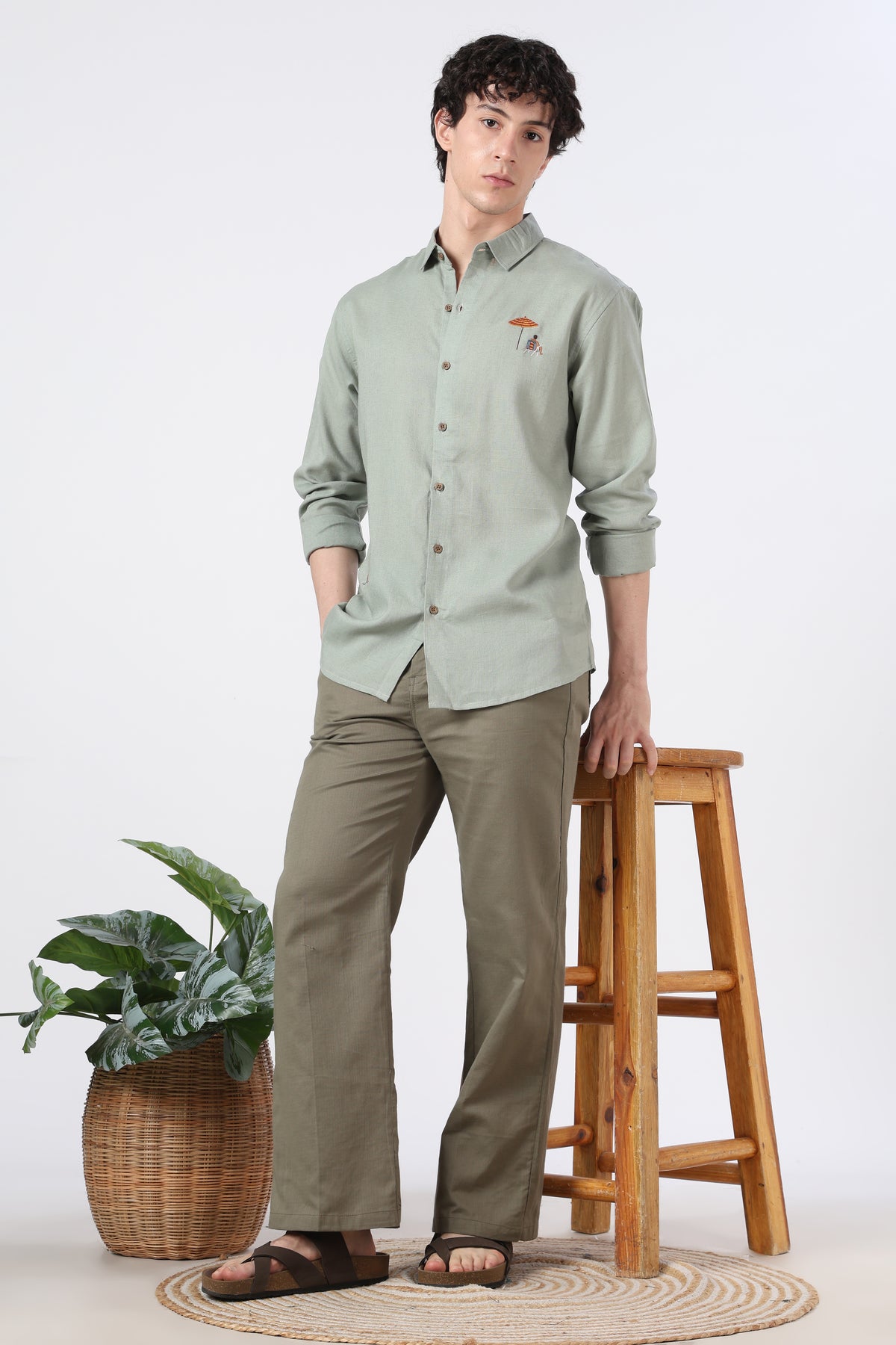 Coastal Escape Cotton Regular Fit Sage Green Embroidered Shirt