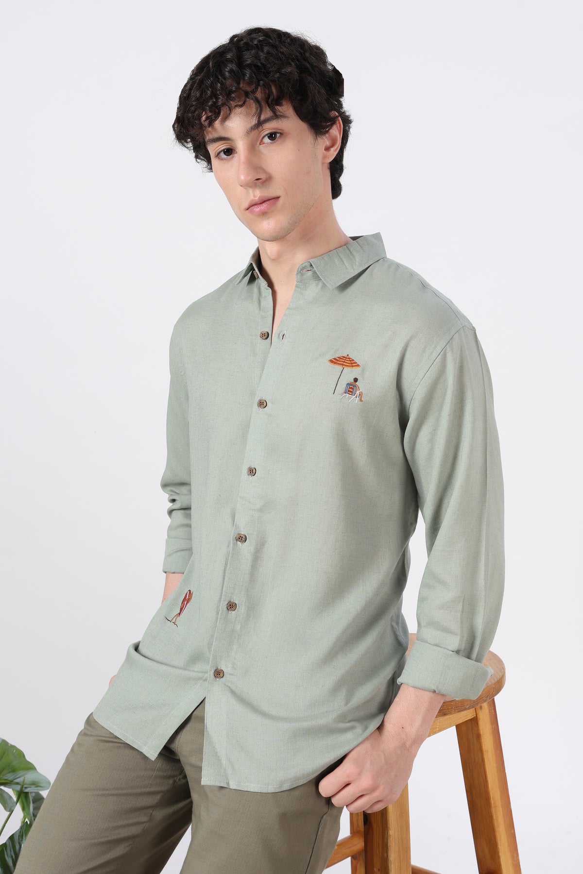 Coastal Escape Cotton Regular Fit Sage Green Embroidered Shirt