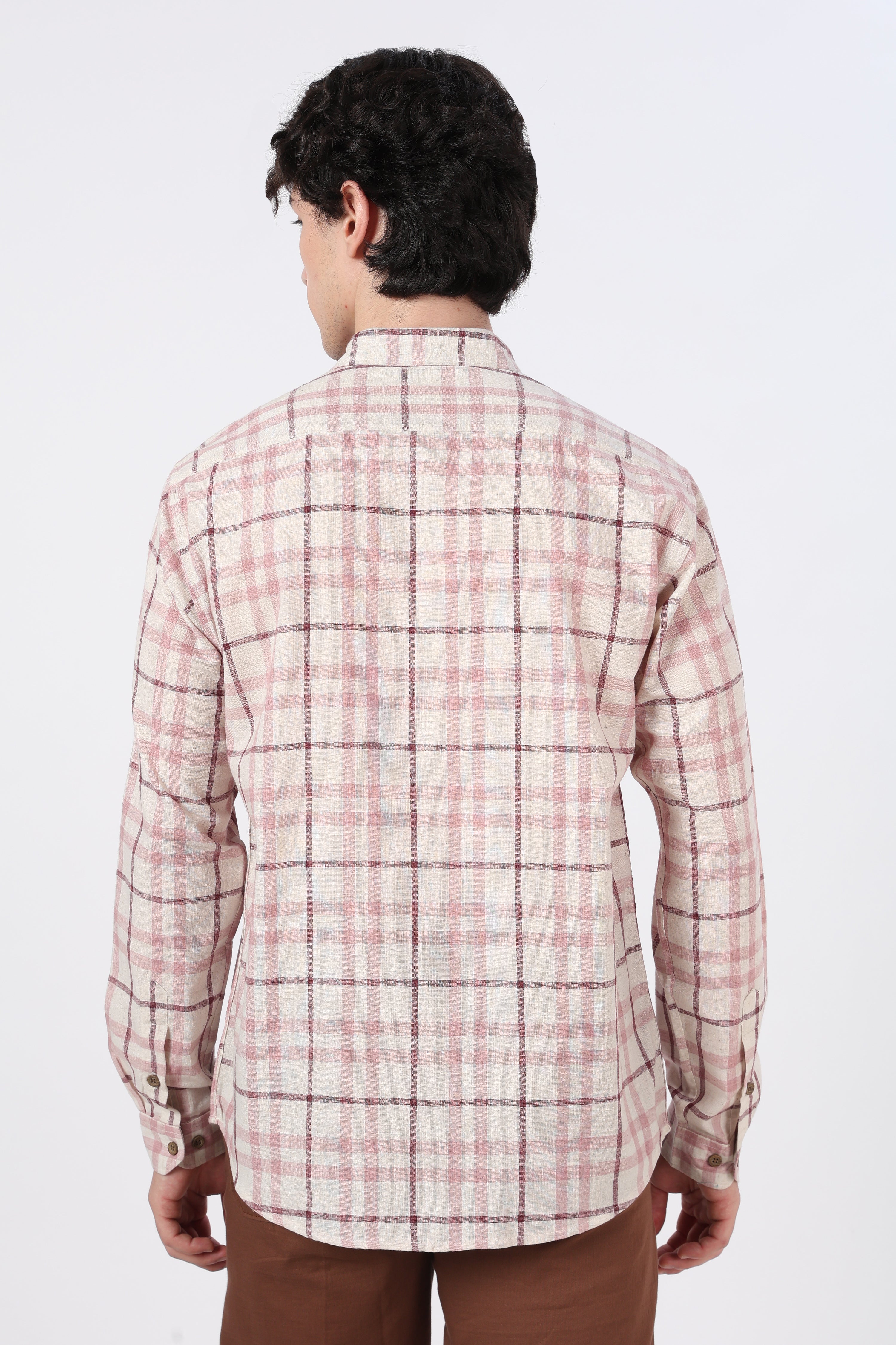 Café Corner Cotton Regular Fit Pink Checkered Embroidered Shirt
