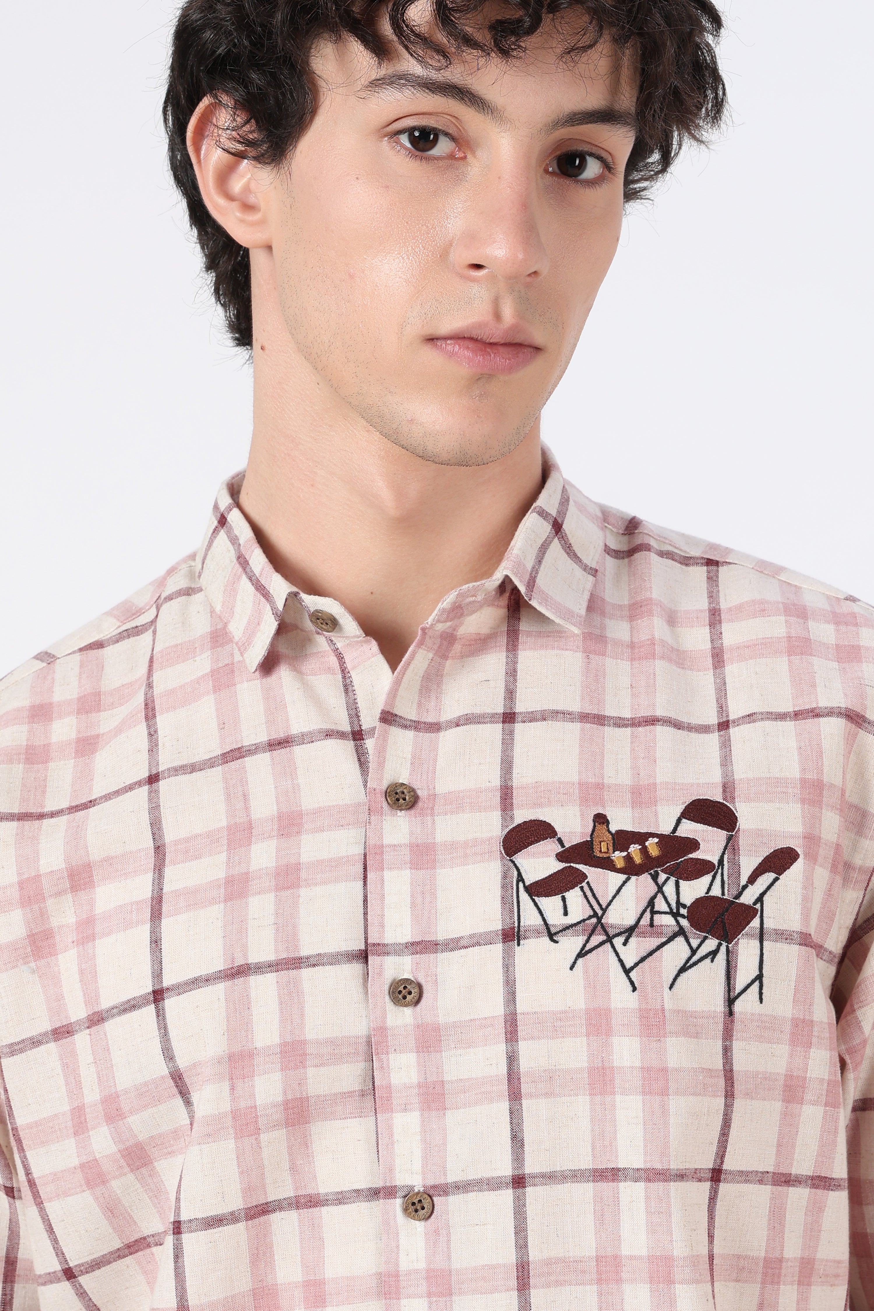 Café Corner Cotton Regular Fit Pink Checkered Embroidered Shirt