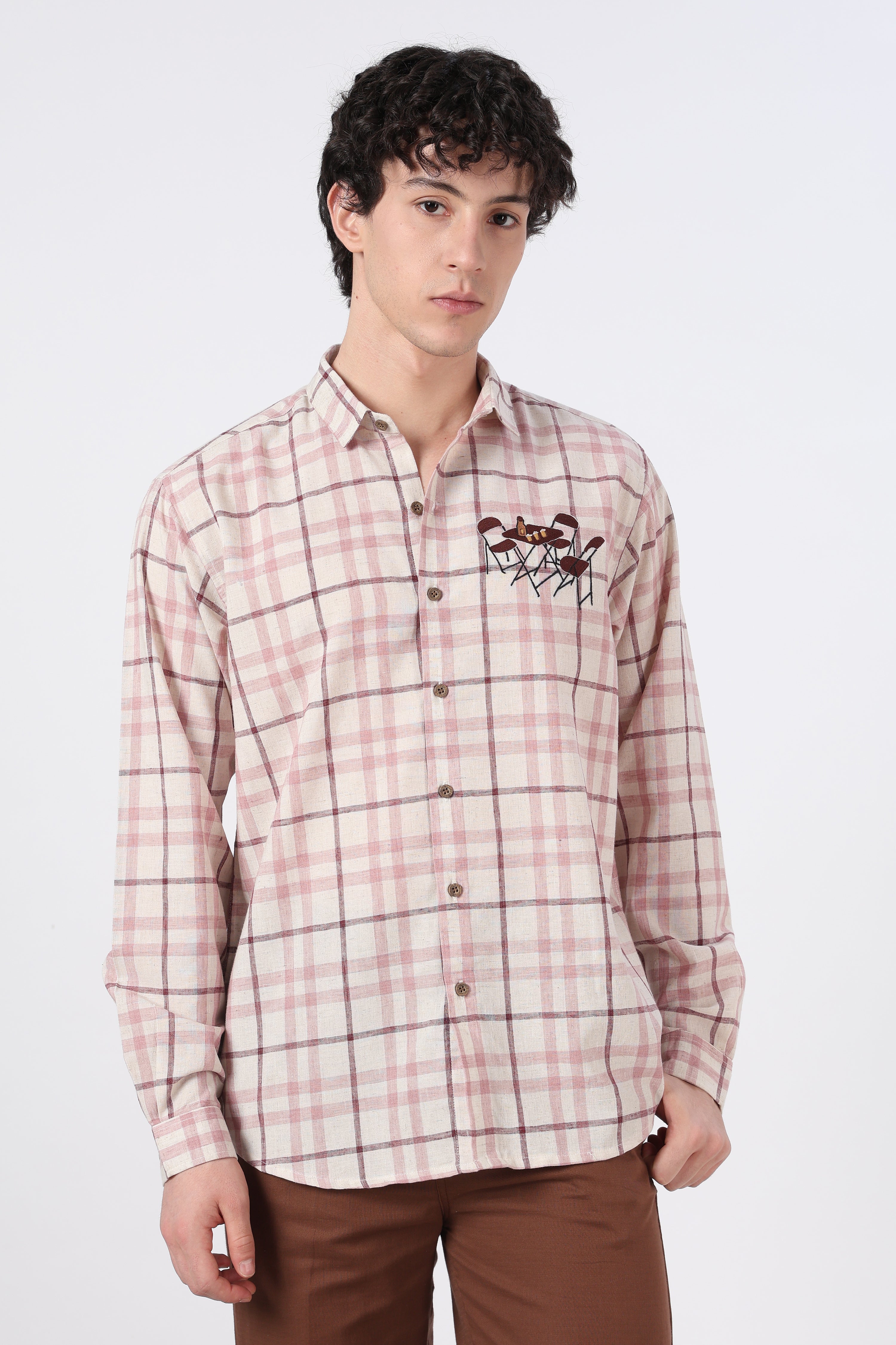 Café Corner Cotton Regular Fit Pink Checkered Embroidered Shirt
