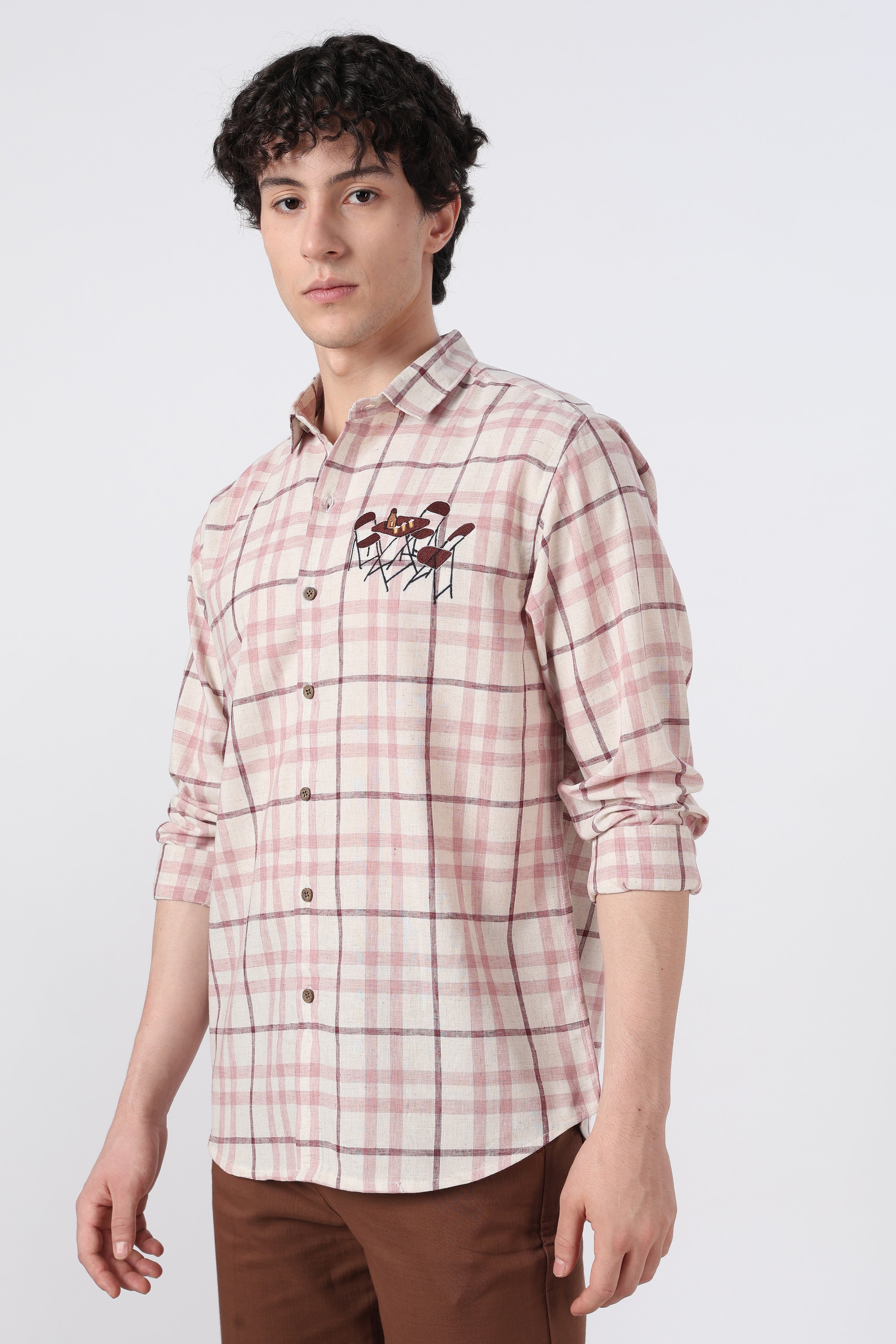 Café Corner Cotton Regular Fit Pink Checkered Embroidered Shirt