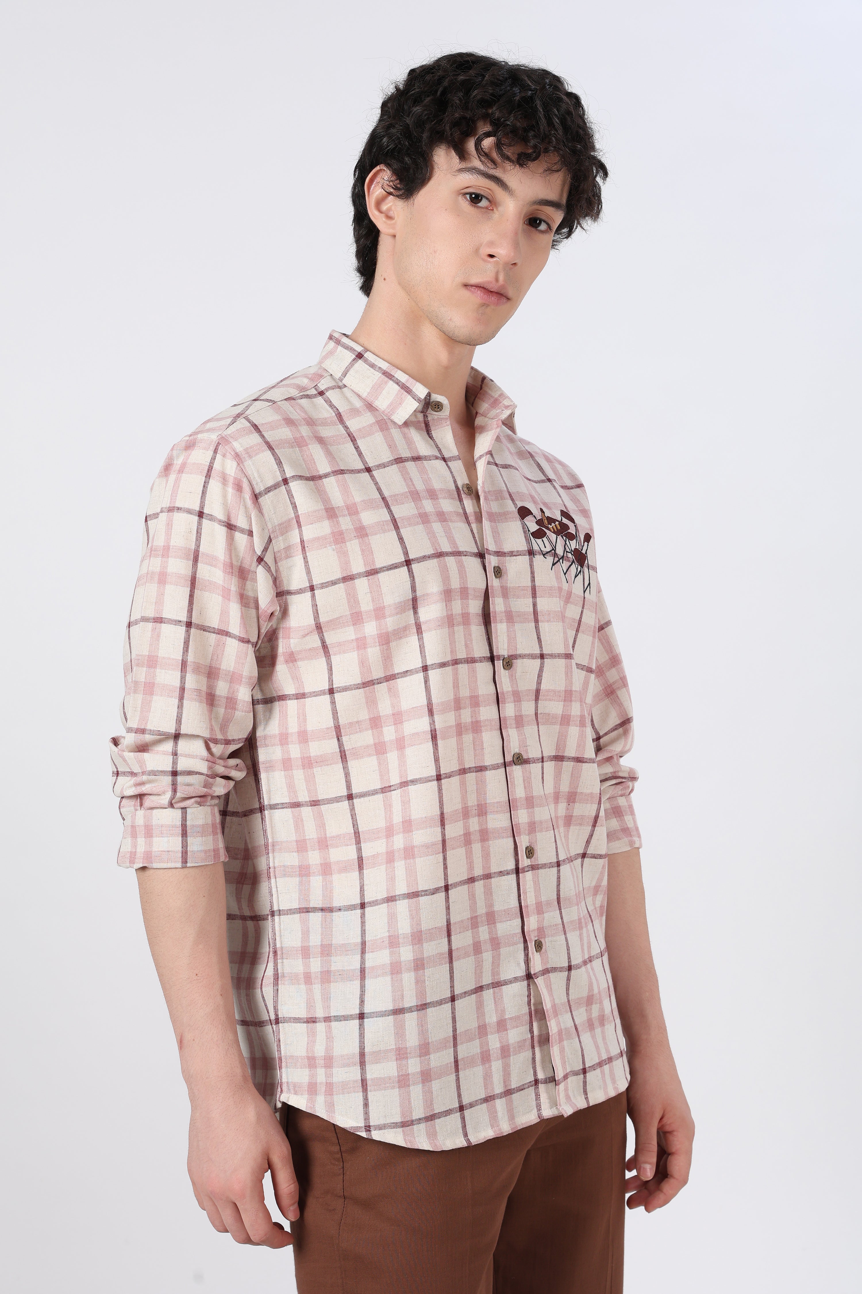 Café Corner Cotton Regular Fit Pink Checkered Embroidered Shirt