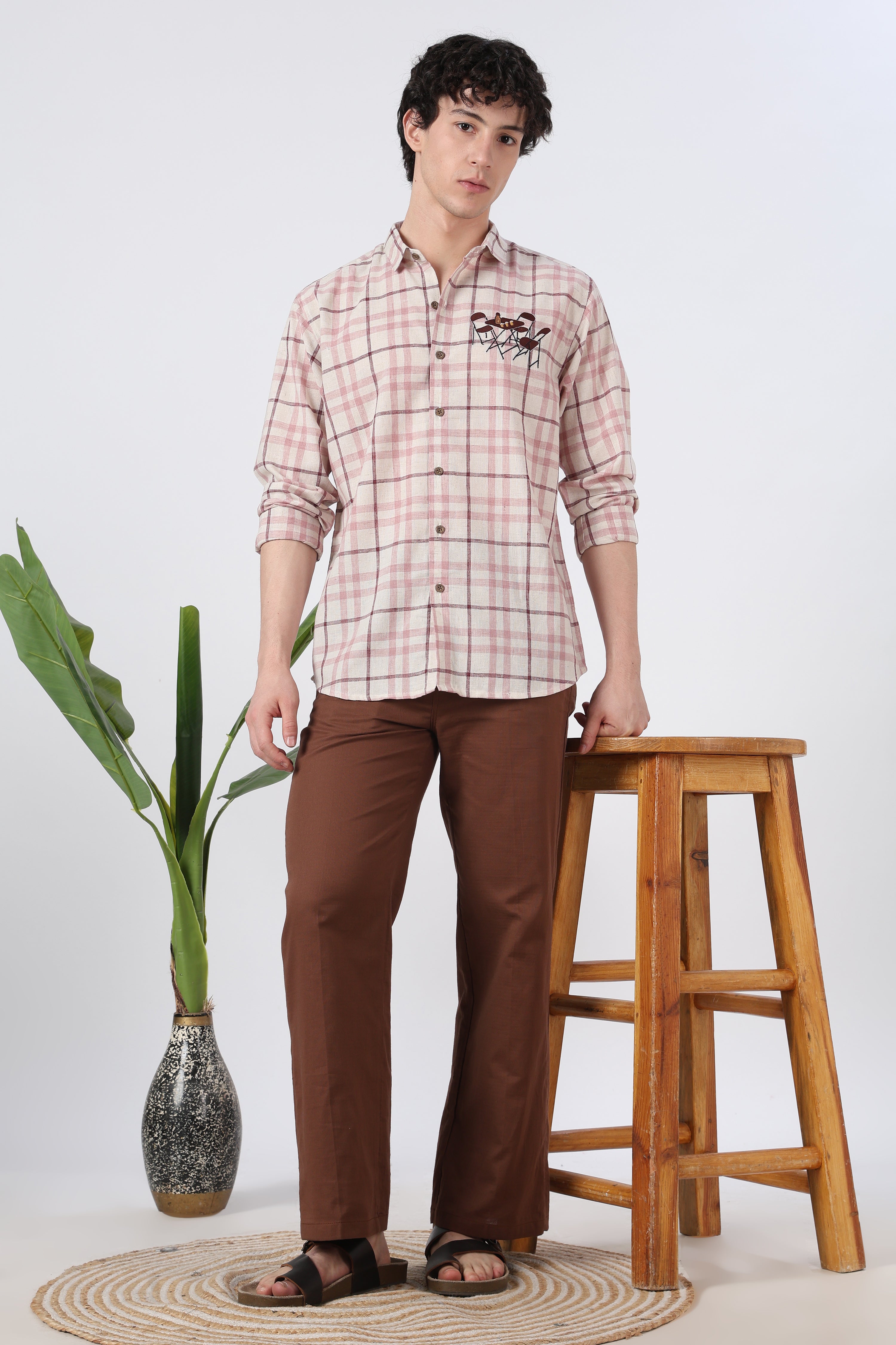 Café Corner Cotton Regular Fit Pink Checkered Embroidered Shirt