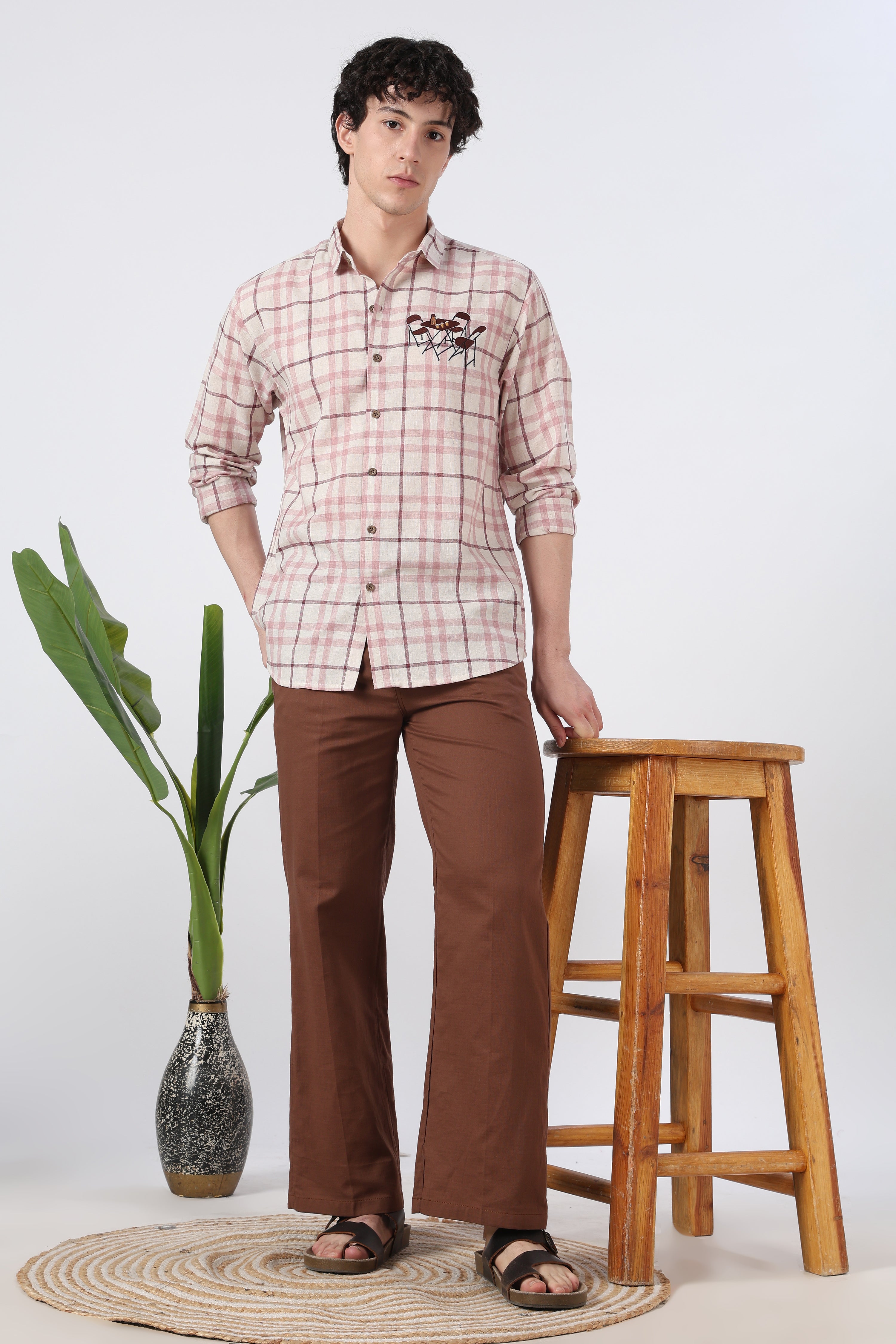 Café Corner Cotton Regular Fit Pink Checkered Embroidered Shirt