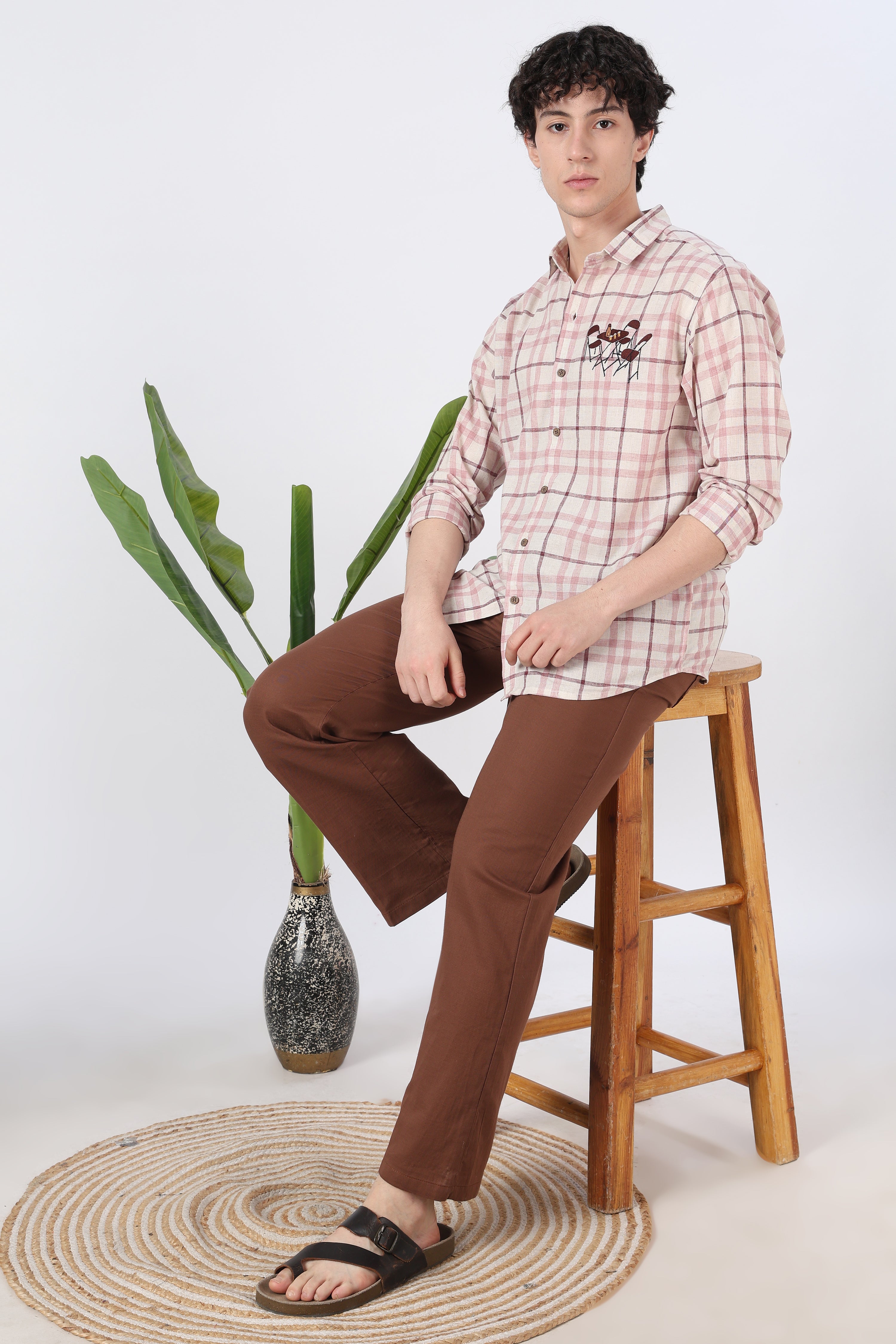 Café Corner Cotton Regular Fit Pink Checkered Embroidered Shirt