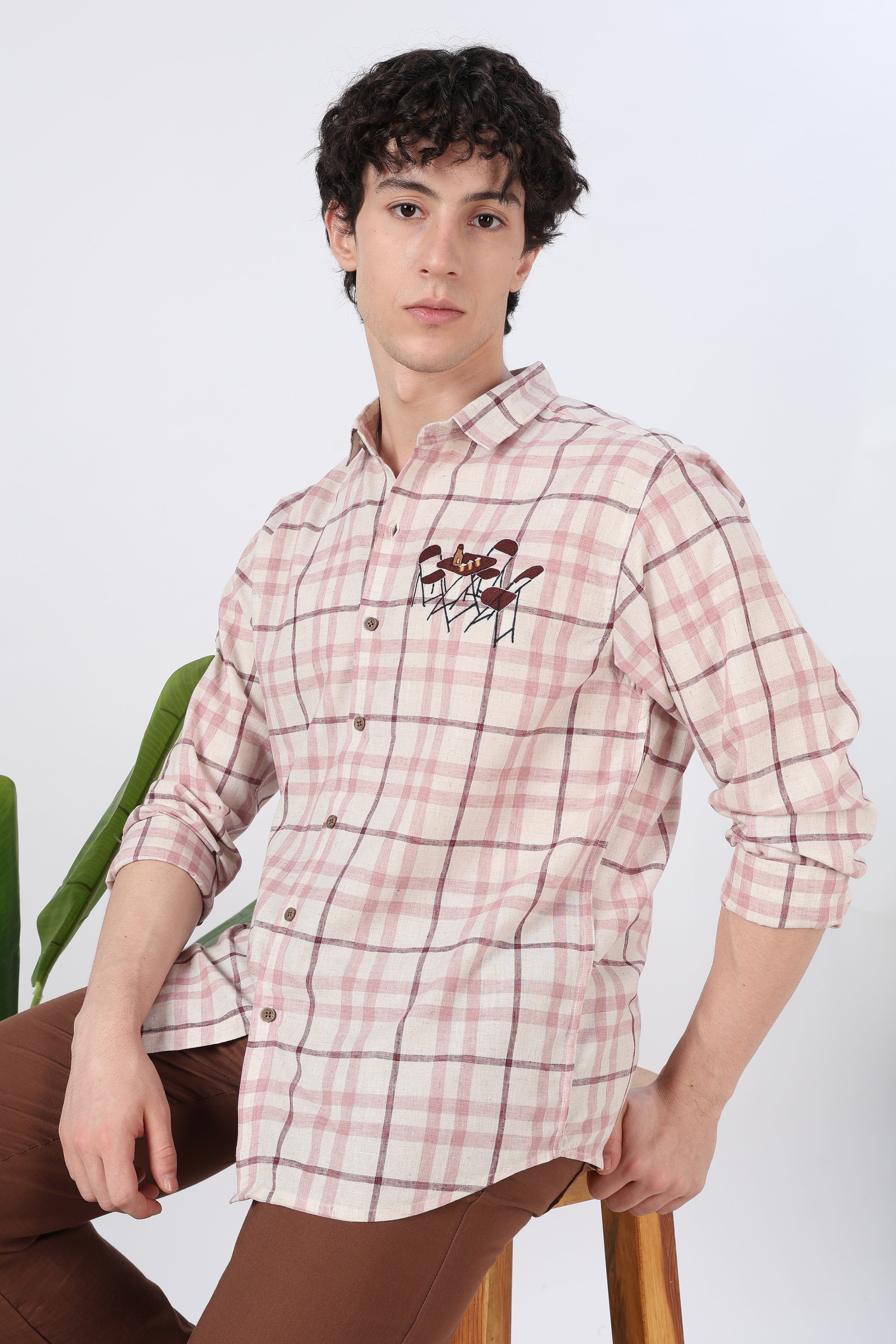 Café Corner Cotton Regular Fit Pink Checkered Embroidered Shirt