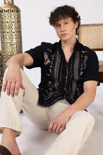 Sands of Sahara Cotton Box Fit Navy Blue Embroidered Shirt