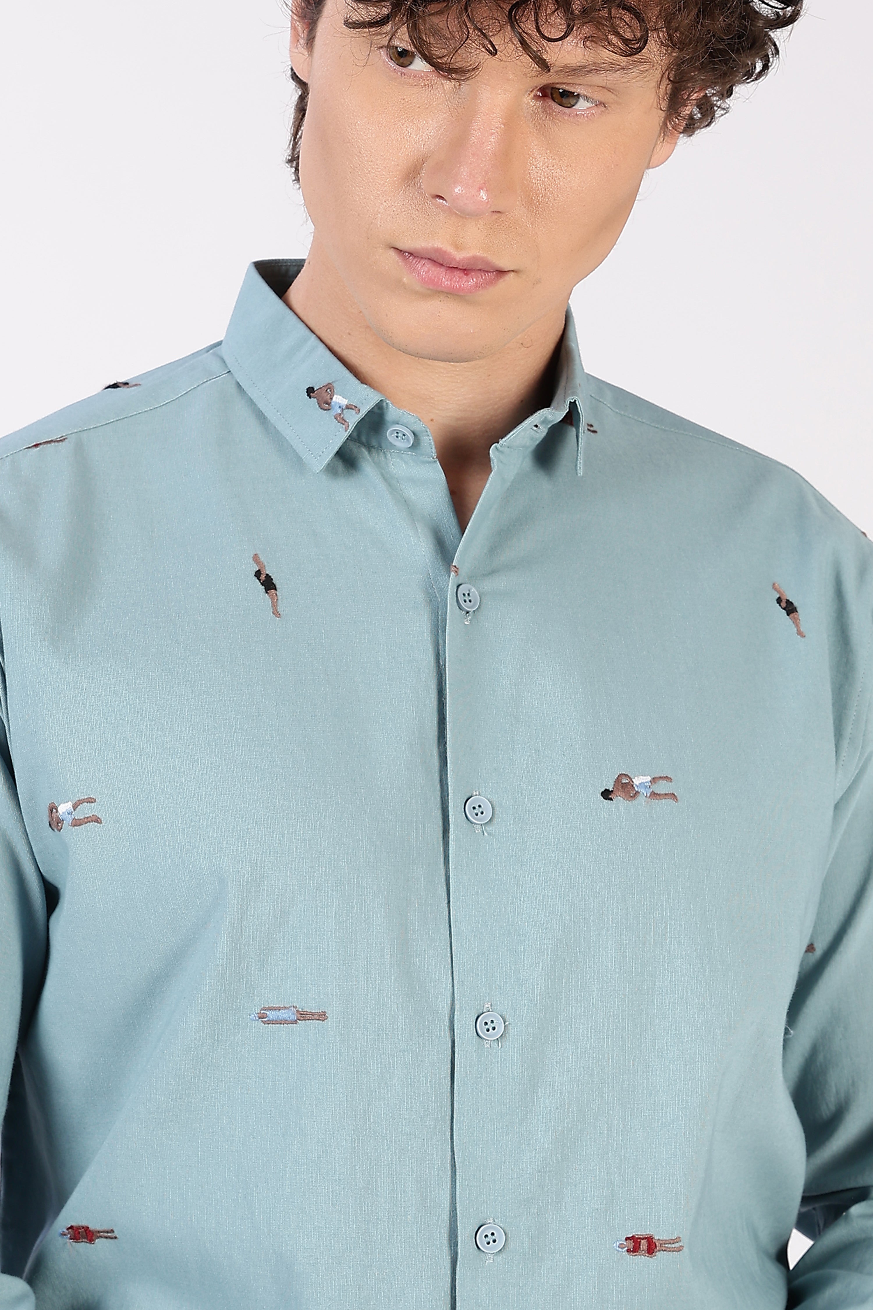 Aqua Beach Walk Embroidered Cotton Shirt