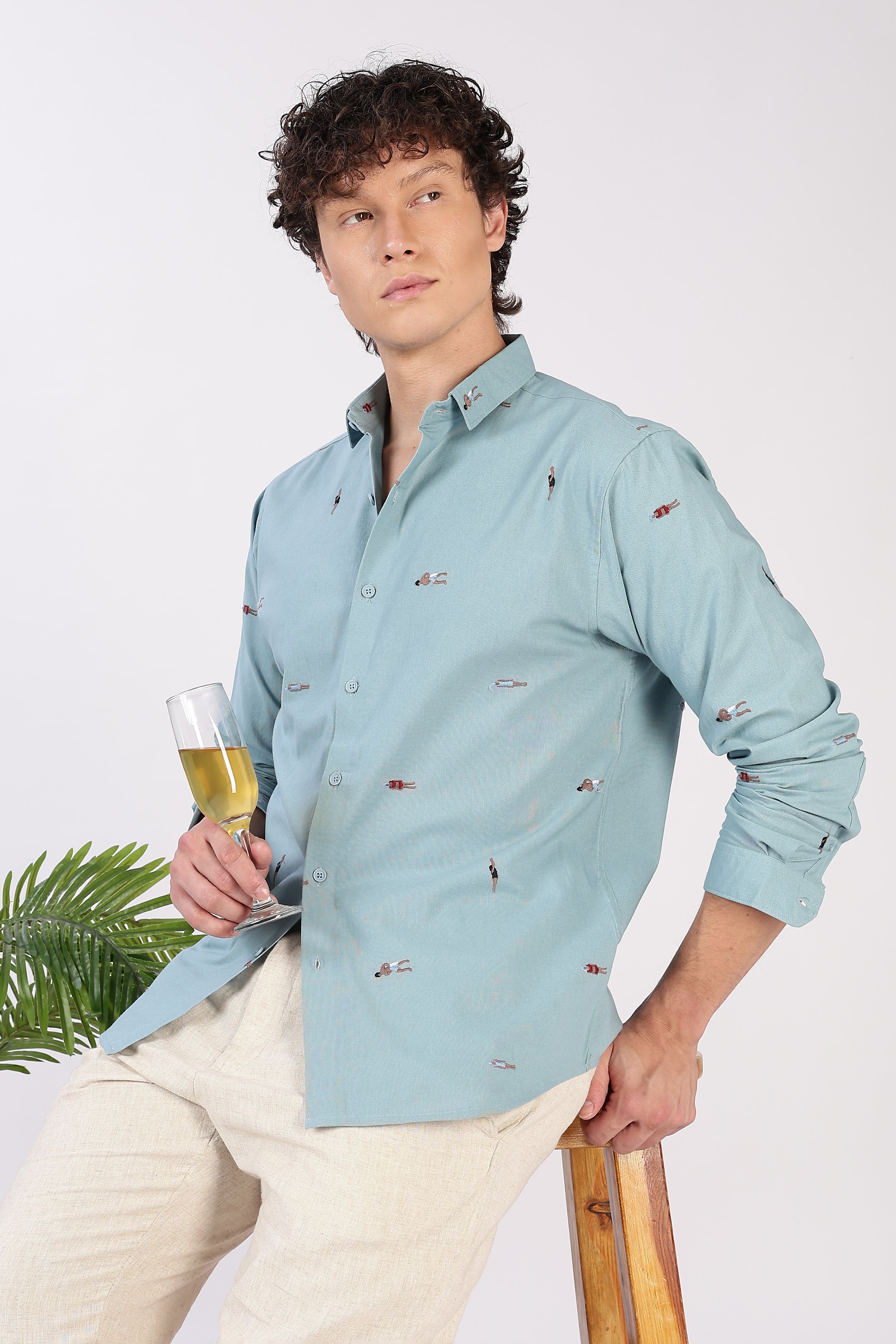 Aqua Beach Walk Embroidered Cotton Shirt