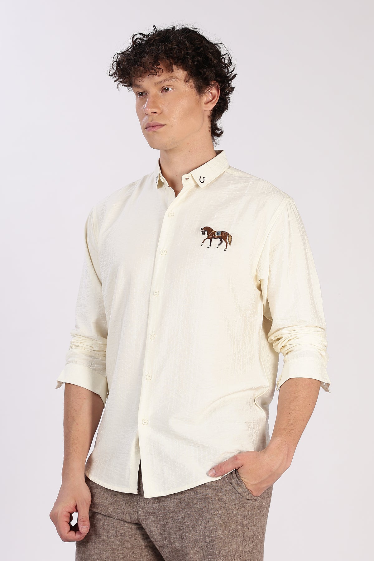 Polo Crest Cotton Regular Fit Beige Striped Shirt