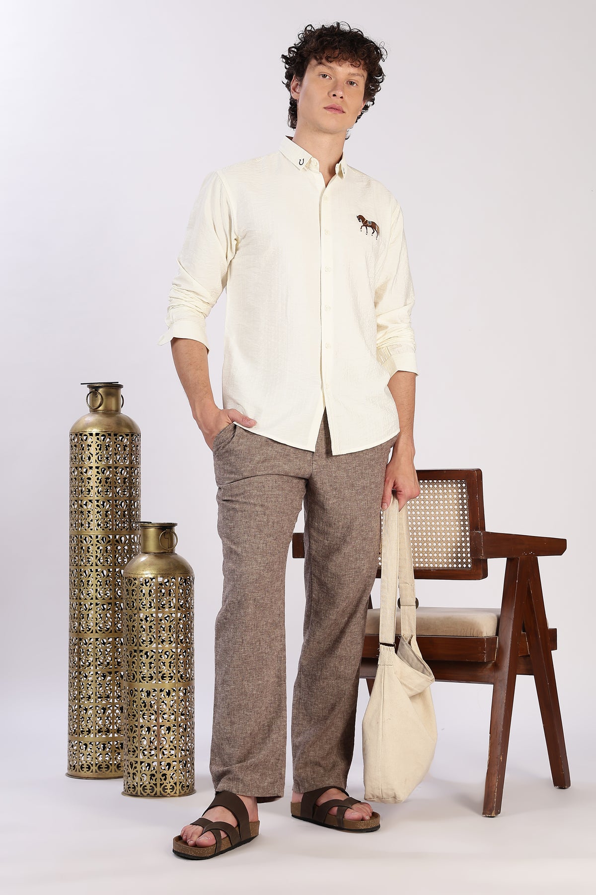 Polo Crest Cotton Regular Fit Beige Striped Shirt