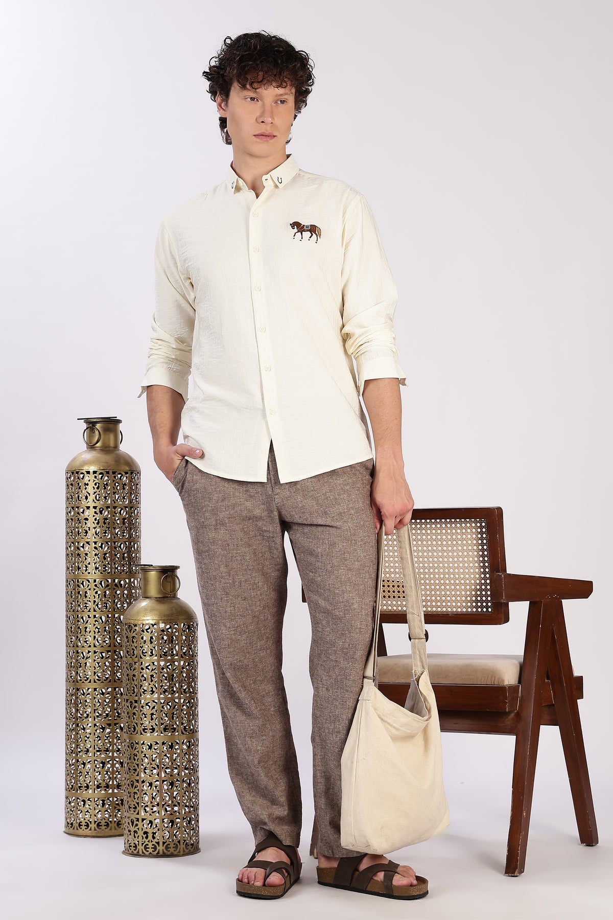 Polo Crest Cotton Regular Fit Beige Striped Shirt