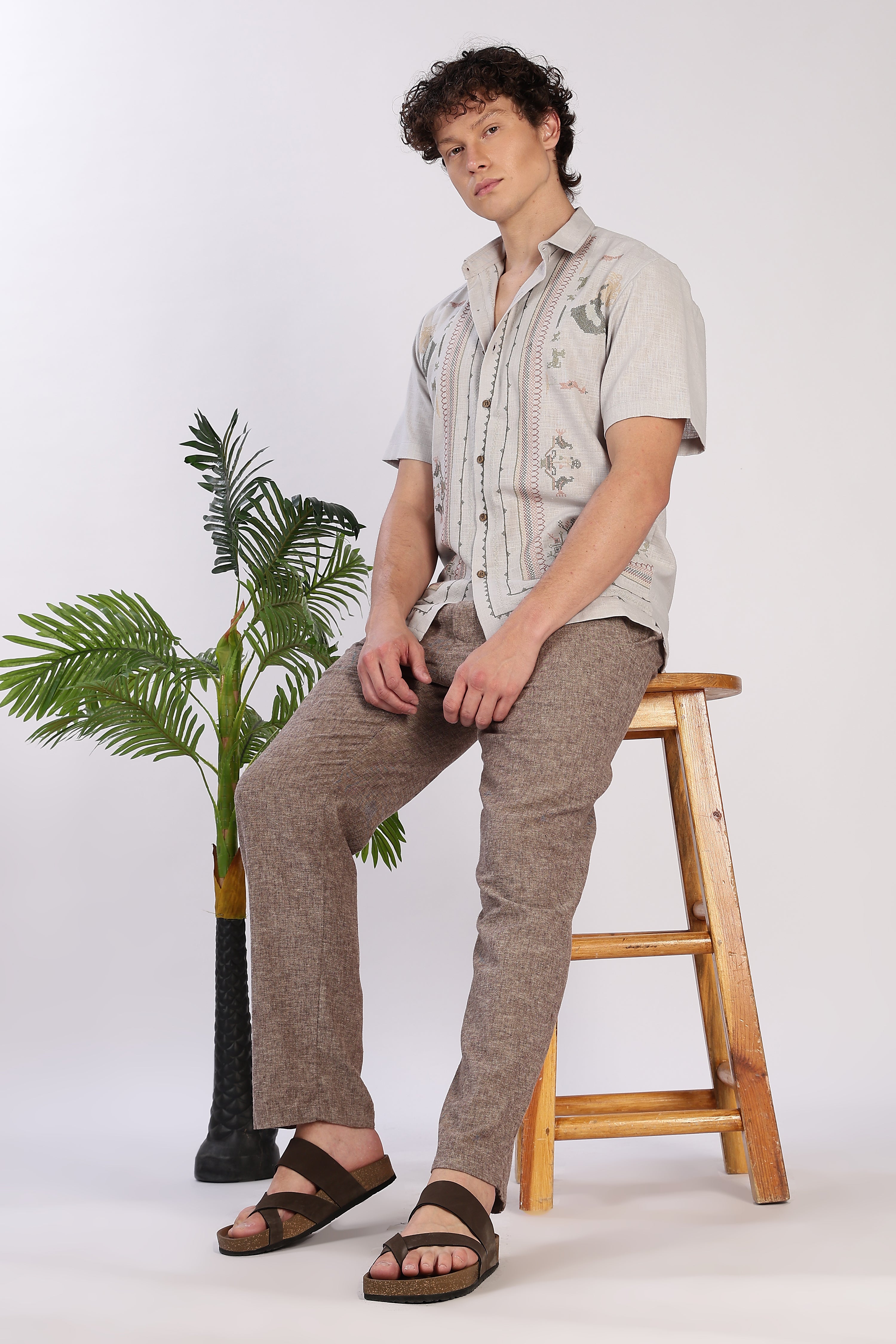 Sands of Sahara Cotton Box Fit Grey Embroidered Shirt