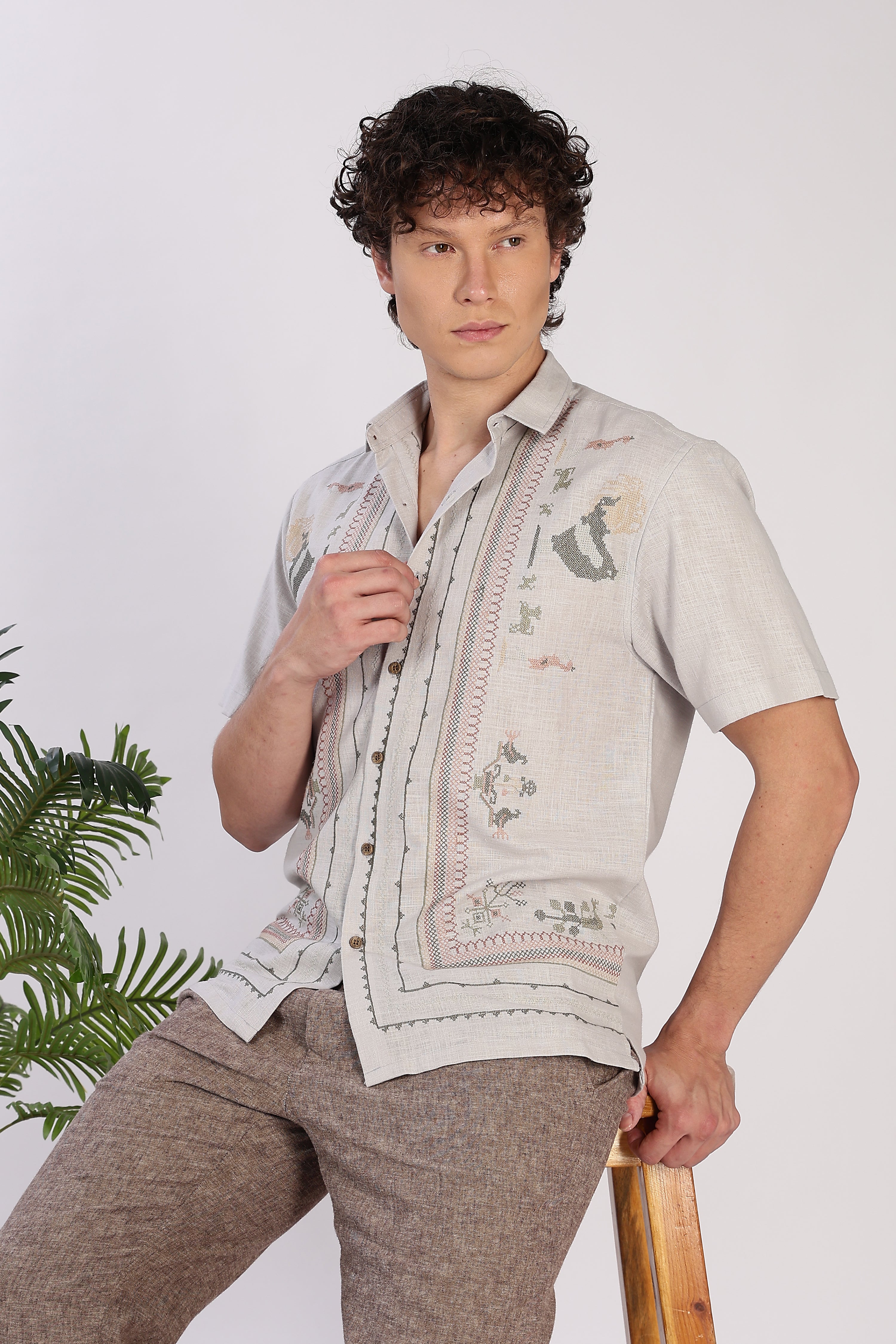 Sands of Sahara Cotton Box Fit Grey Embroidered Shirt