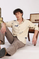 Desert Horse Motif Cotton Regular Fit Beige Printed  Shirt