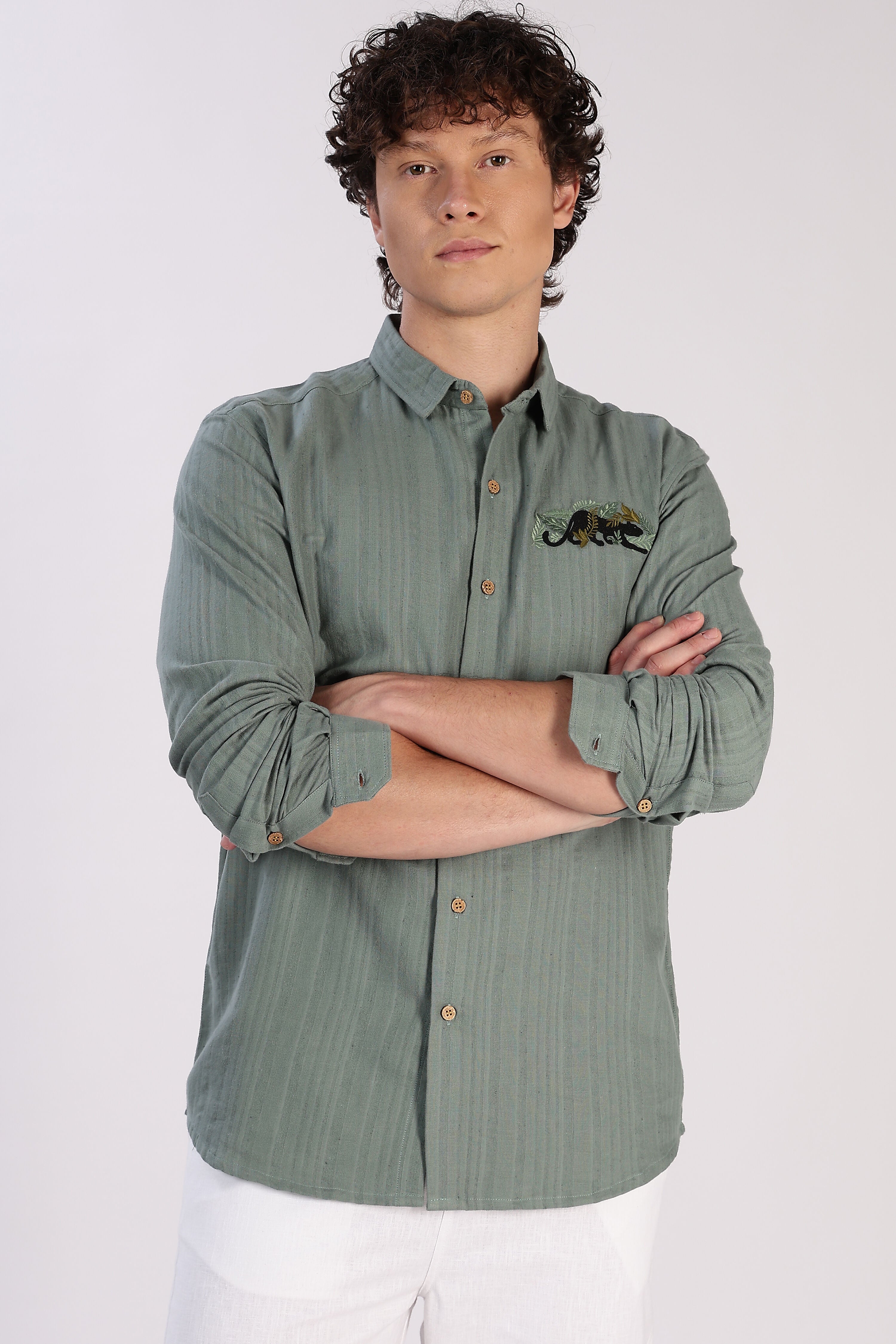 Jungle Prowl Cotton Regular Fit Green Striped Shirt