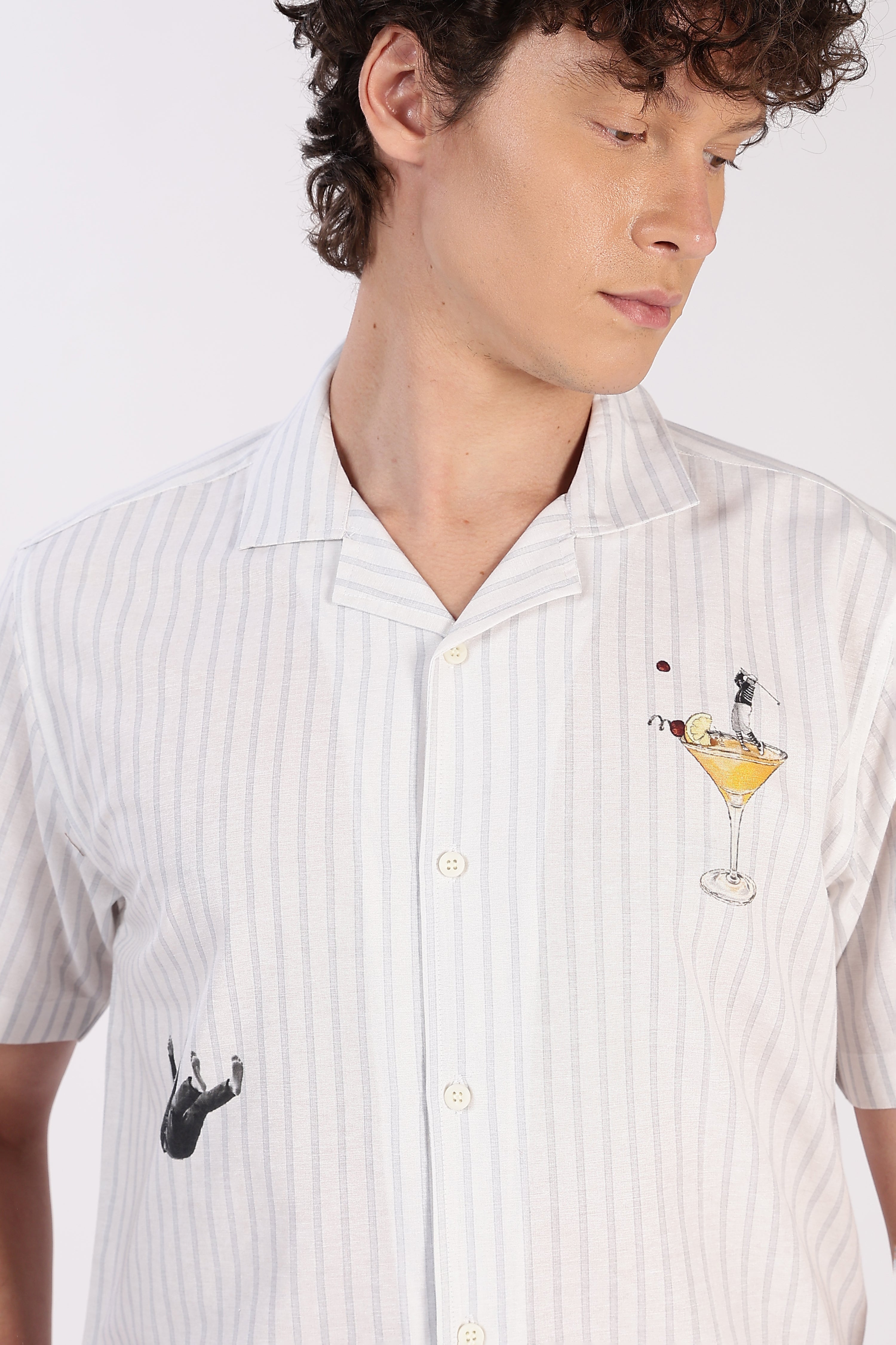 Skyfall Spritz Cotton Box Fit White Printed Striped Shirt