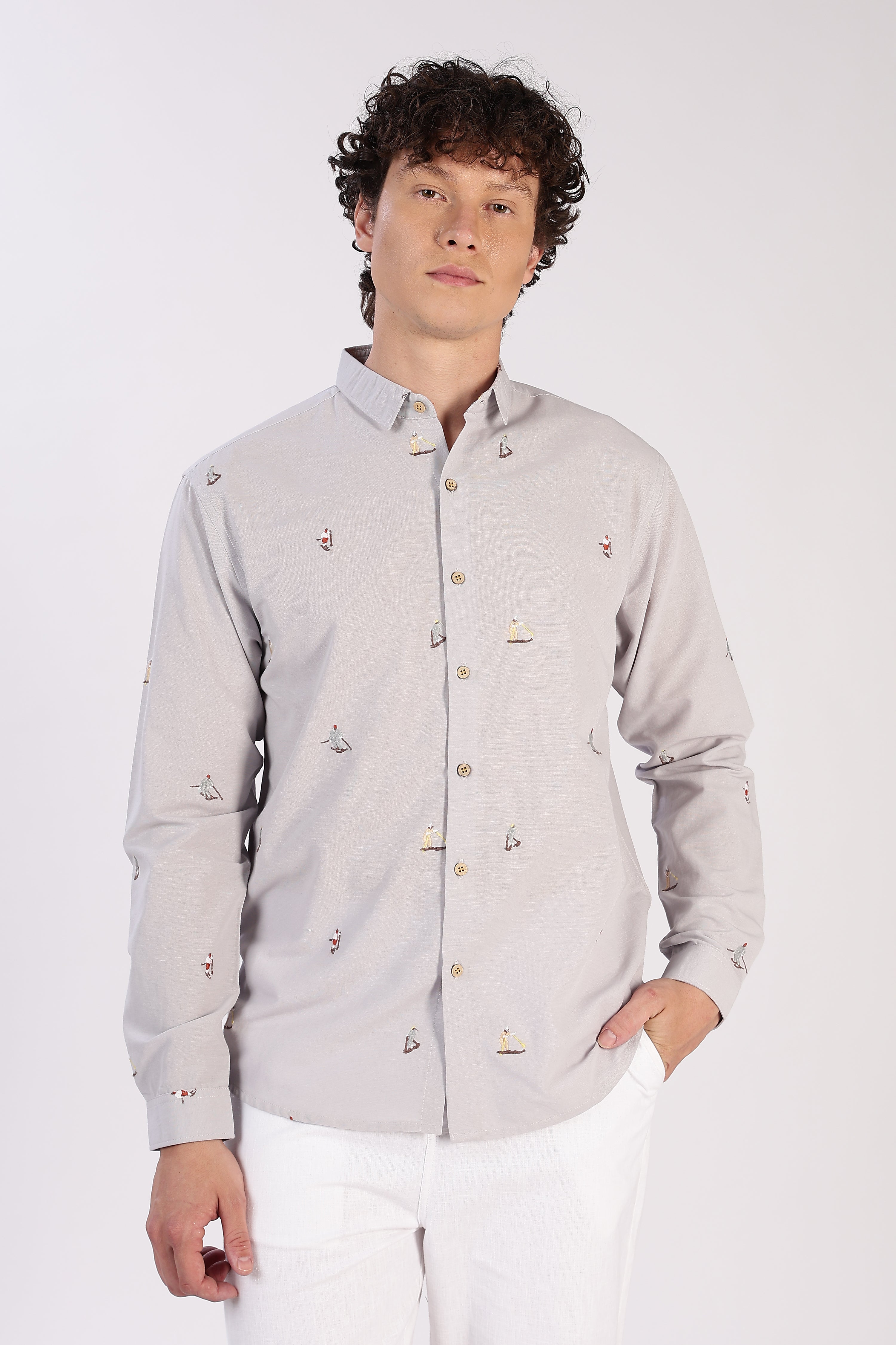 Grey Surfscape Embroidered Cotton Shirt