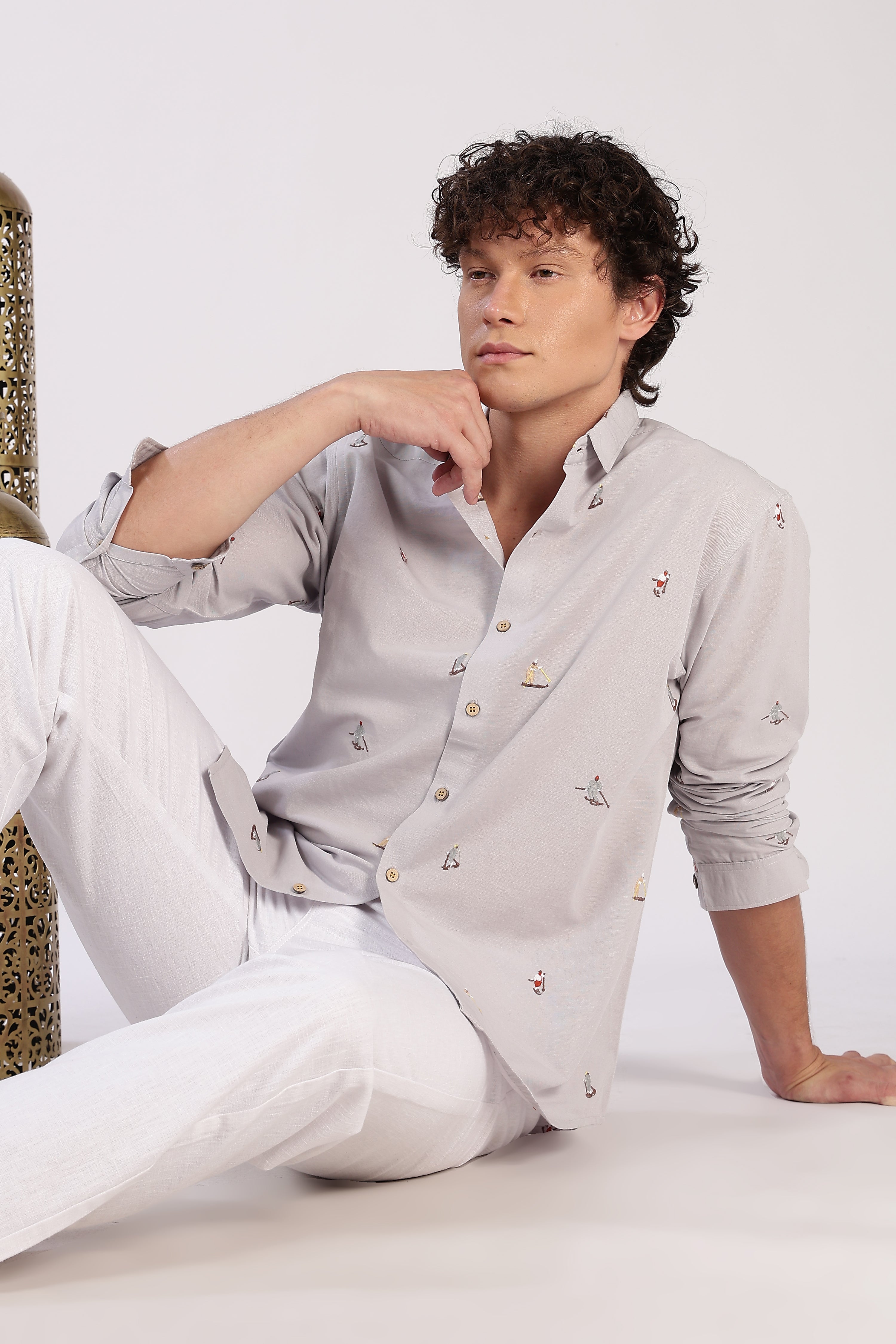 Grey Surfscape Embroidered Cotton Shirt