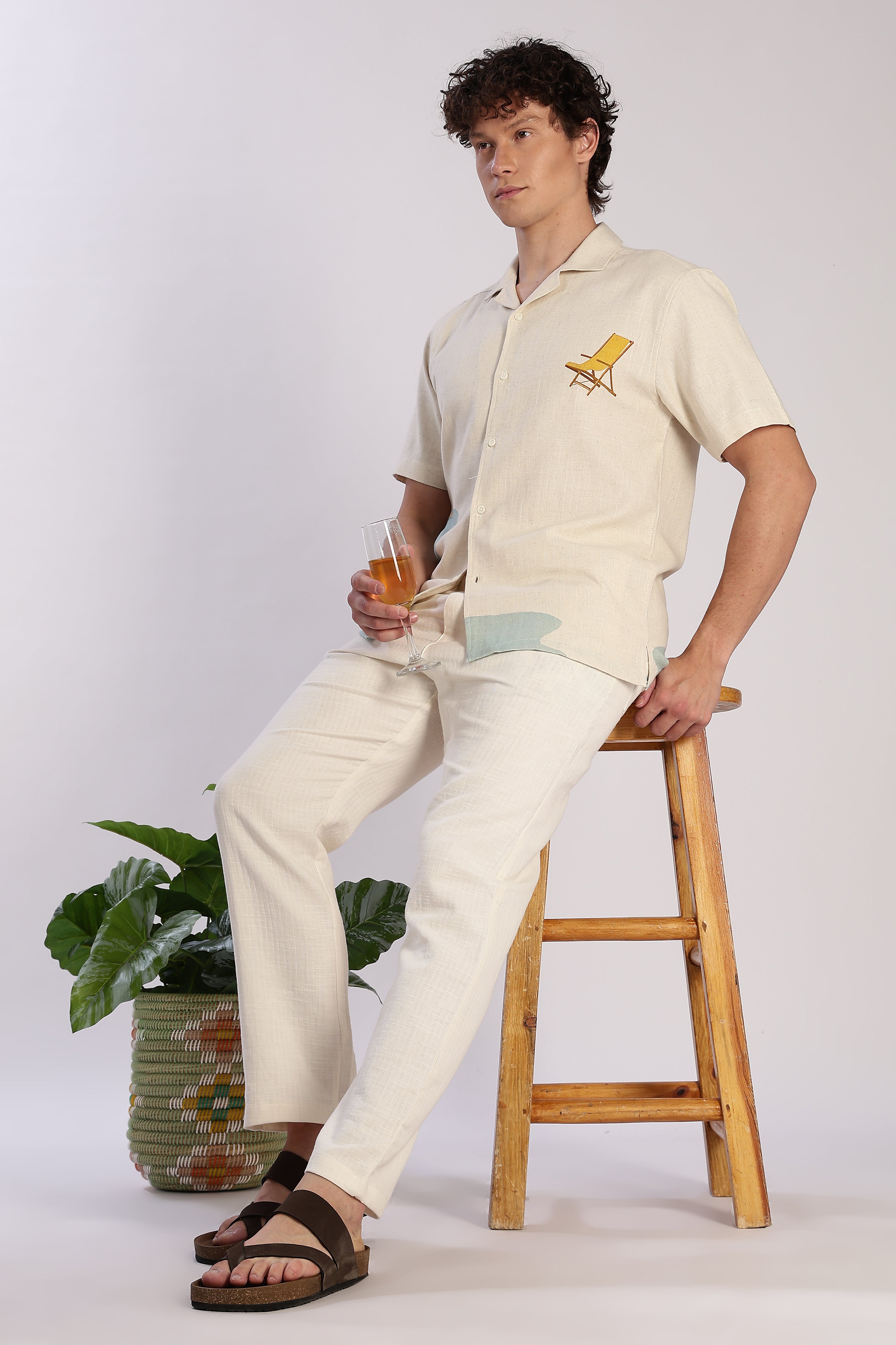 Sunset Lounger Cotton Box Fit Beige Printed Shirt