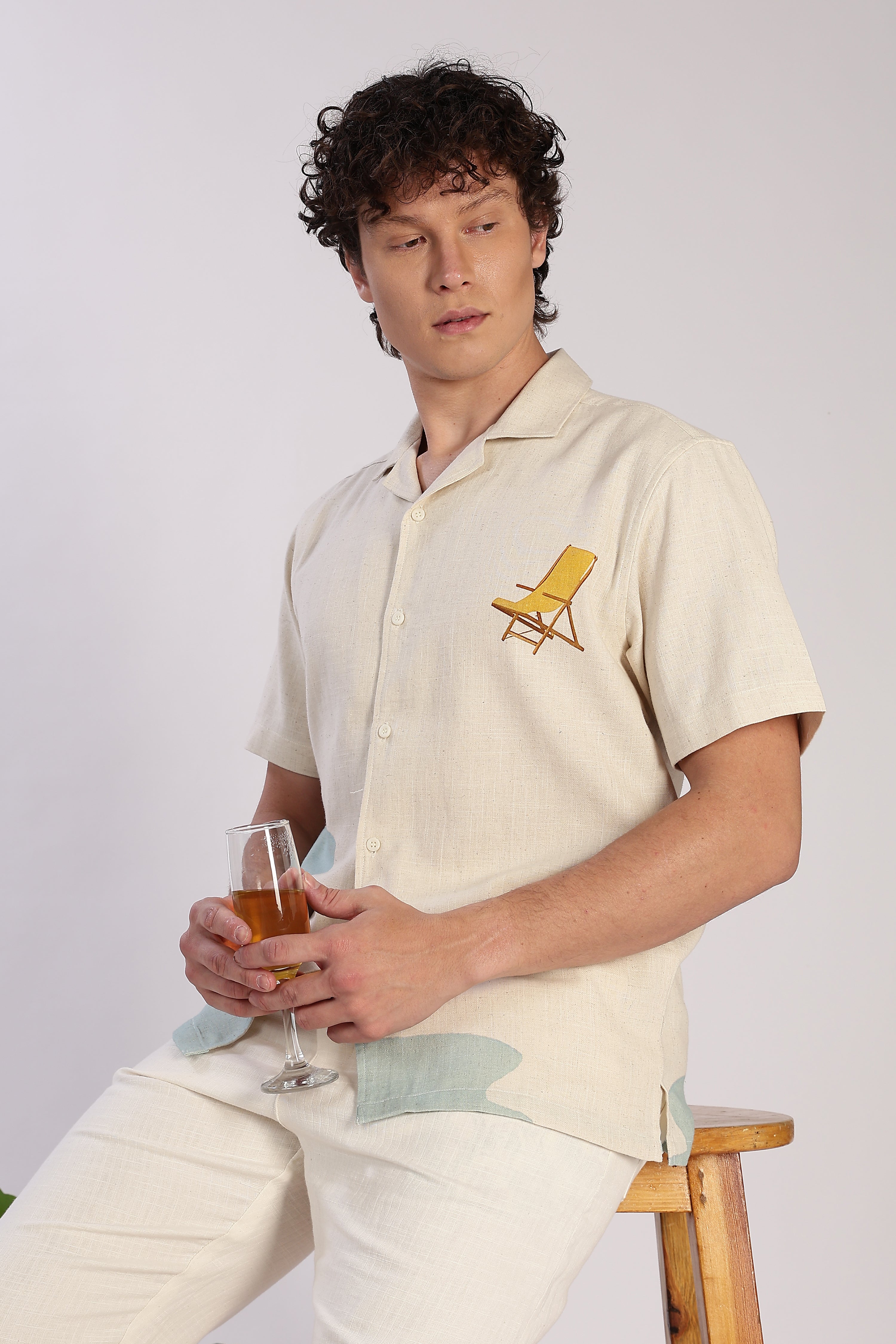 Sunset Lounger Cotton Box Fit Beige Printed Shirt