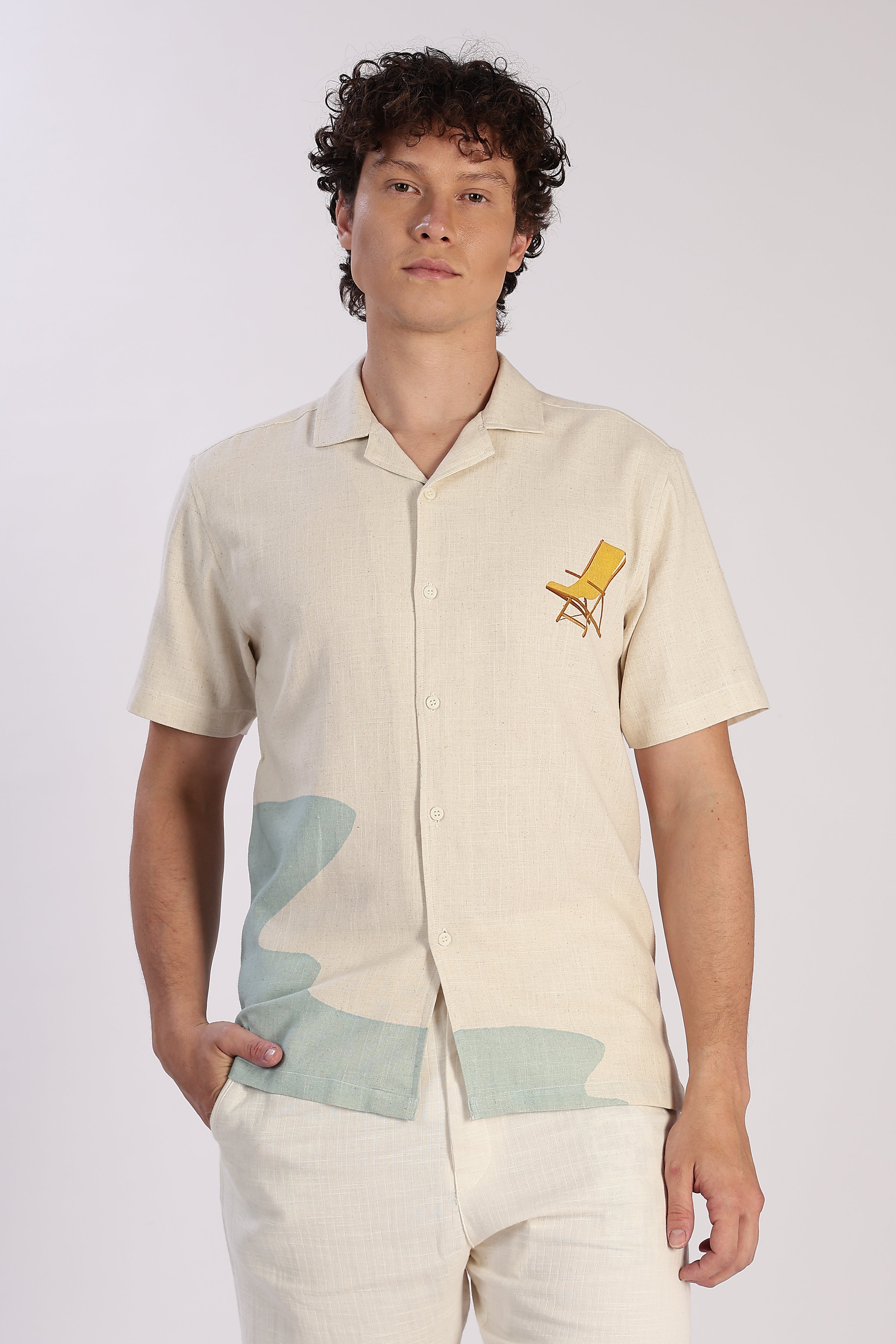 Sunset Lounger Cotton Box Fit Beige Printed Shirt