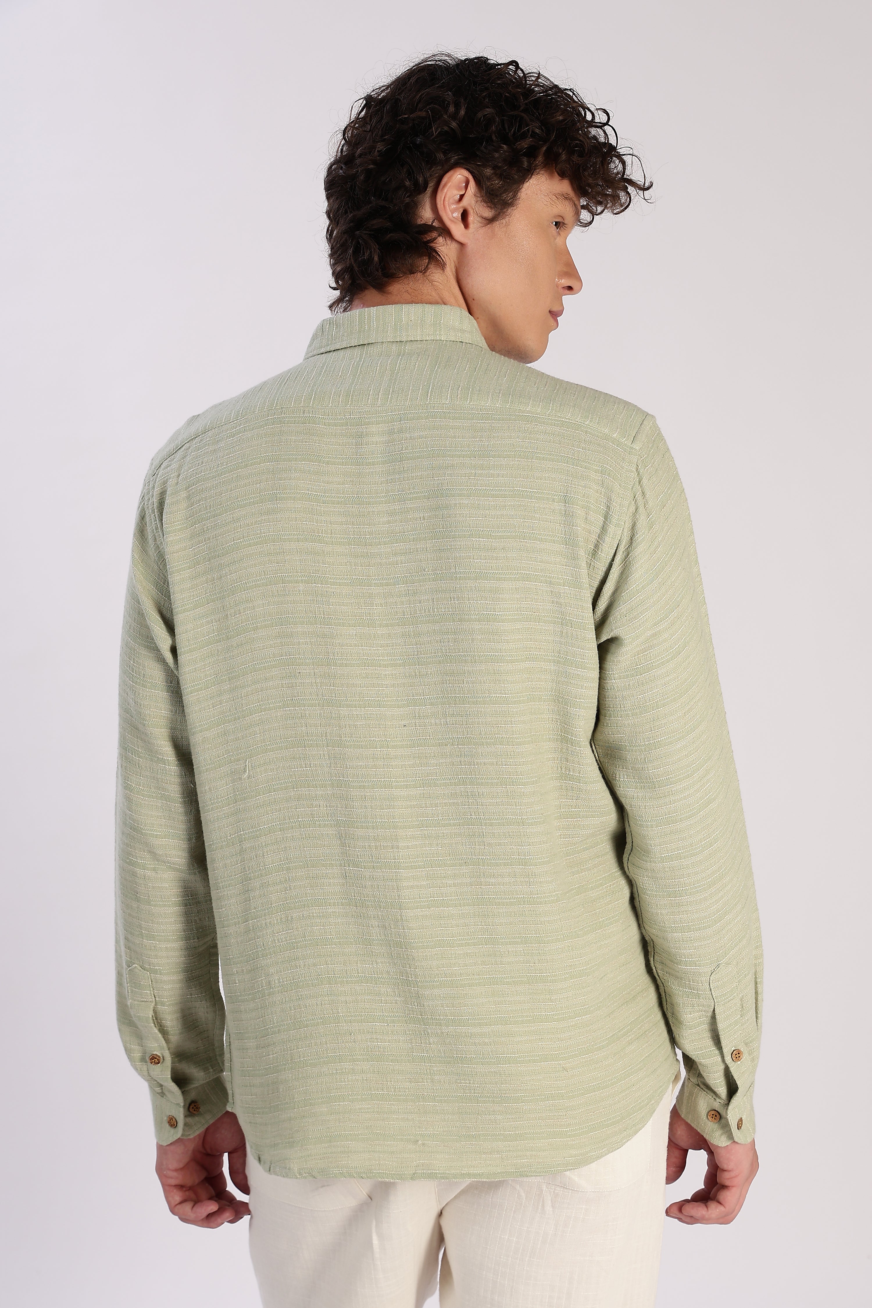 Palm Crest Cotton Regular Fit Sage Green Striped Shirt