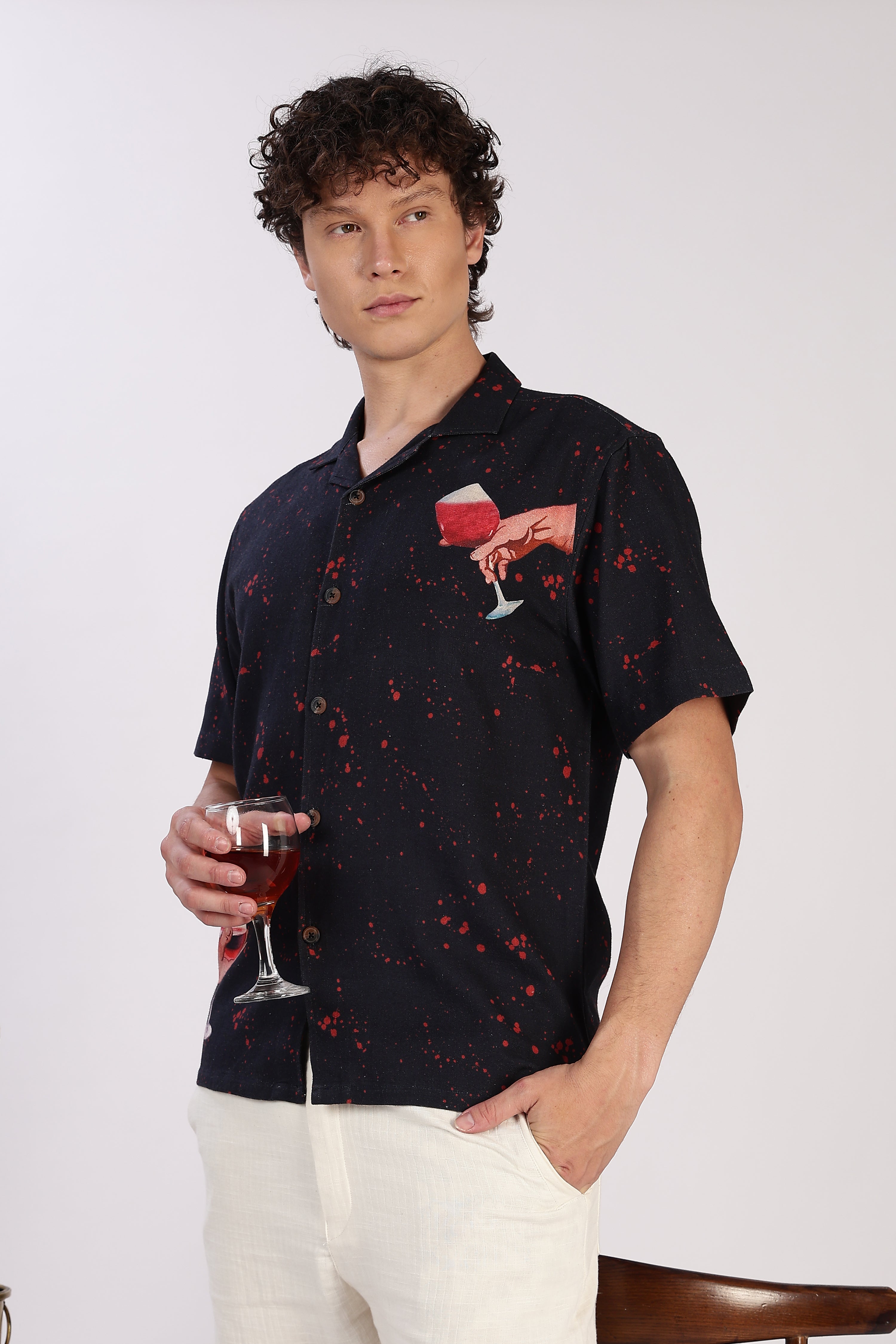 Midnight Pour Cotton Box Fit Black Printed Shirt