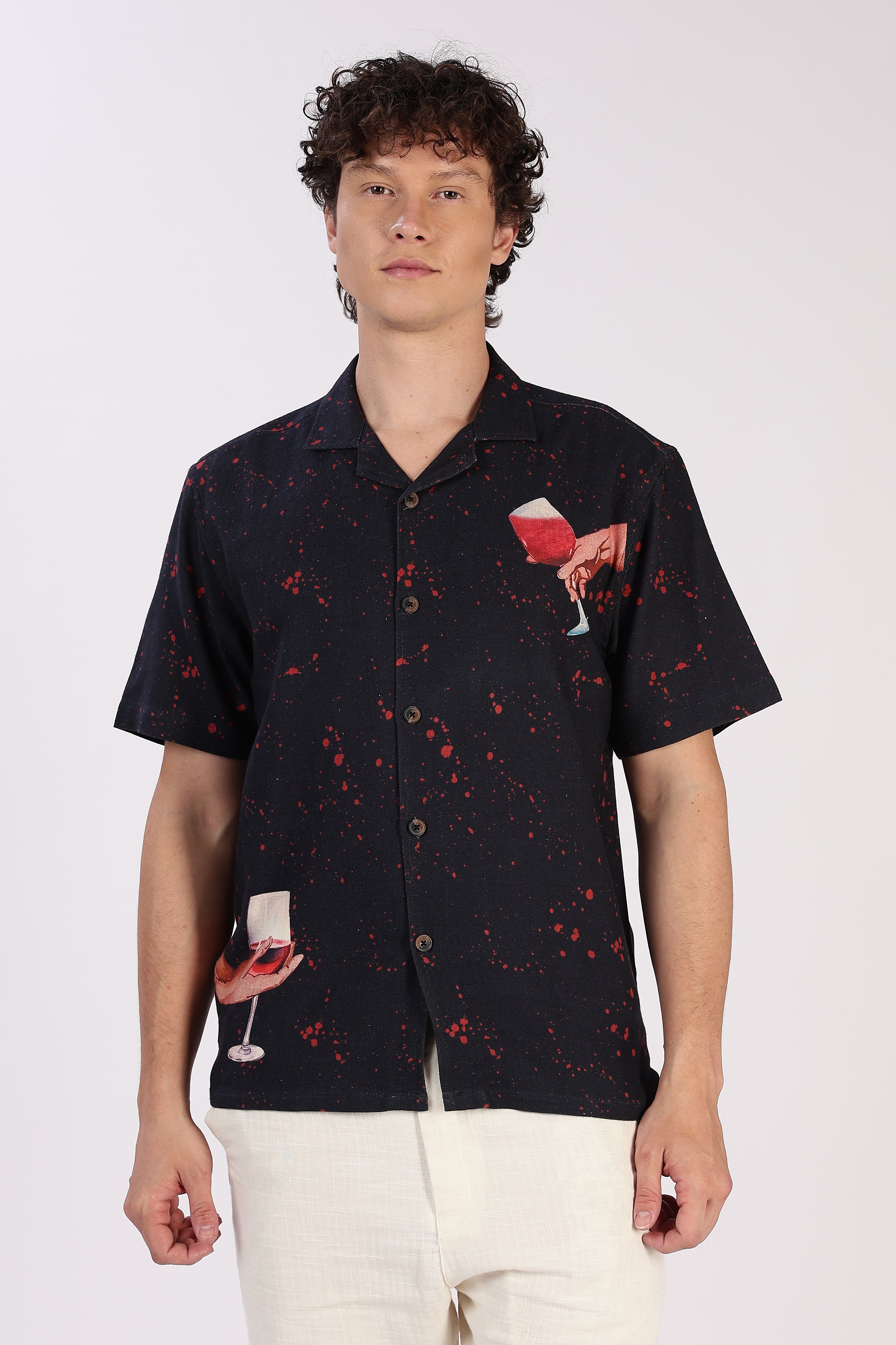 Midnight Pour Cotton Box Fit Black Printed Shirt