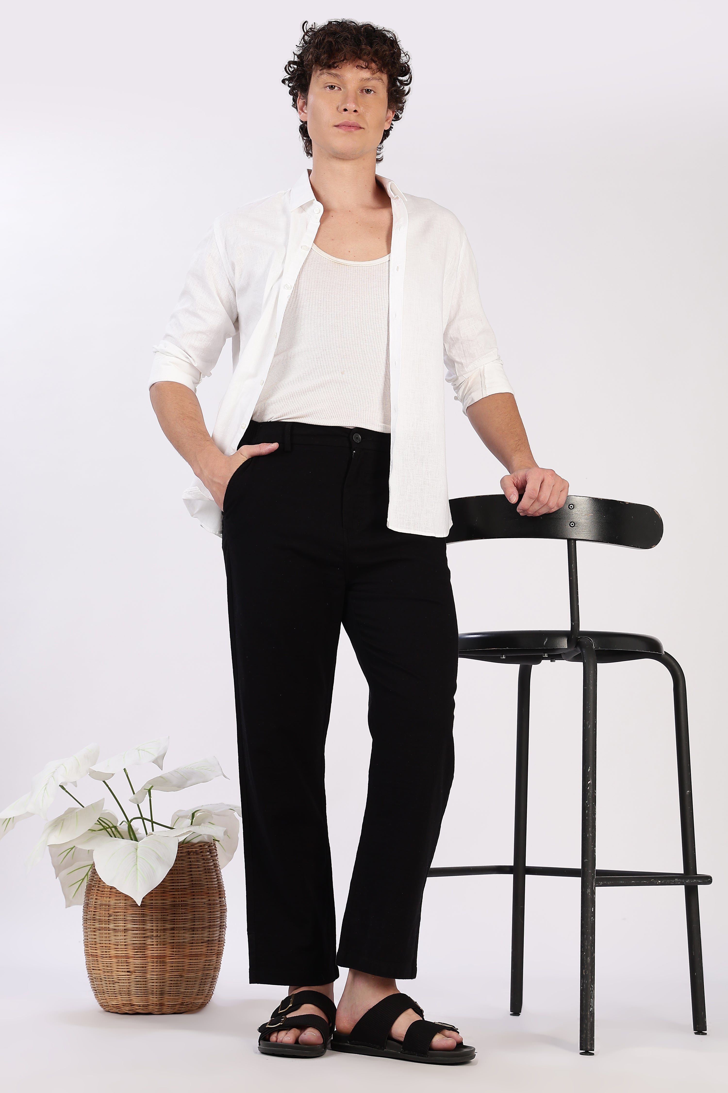 Linen-style 100% Cotton Straight Fit Jet Black Pant