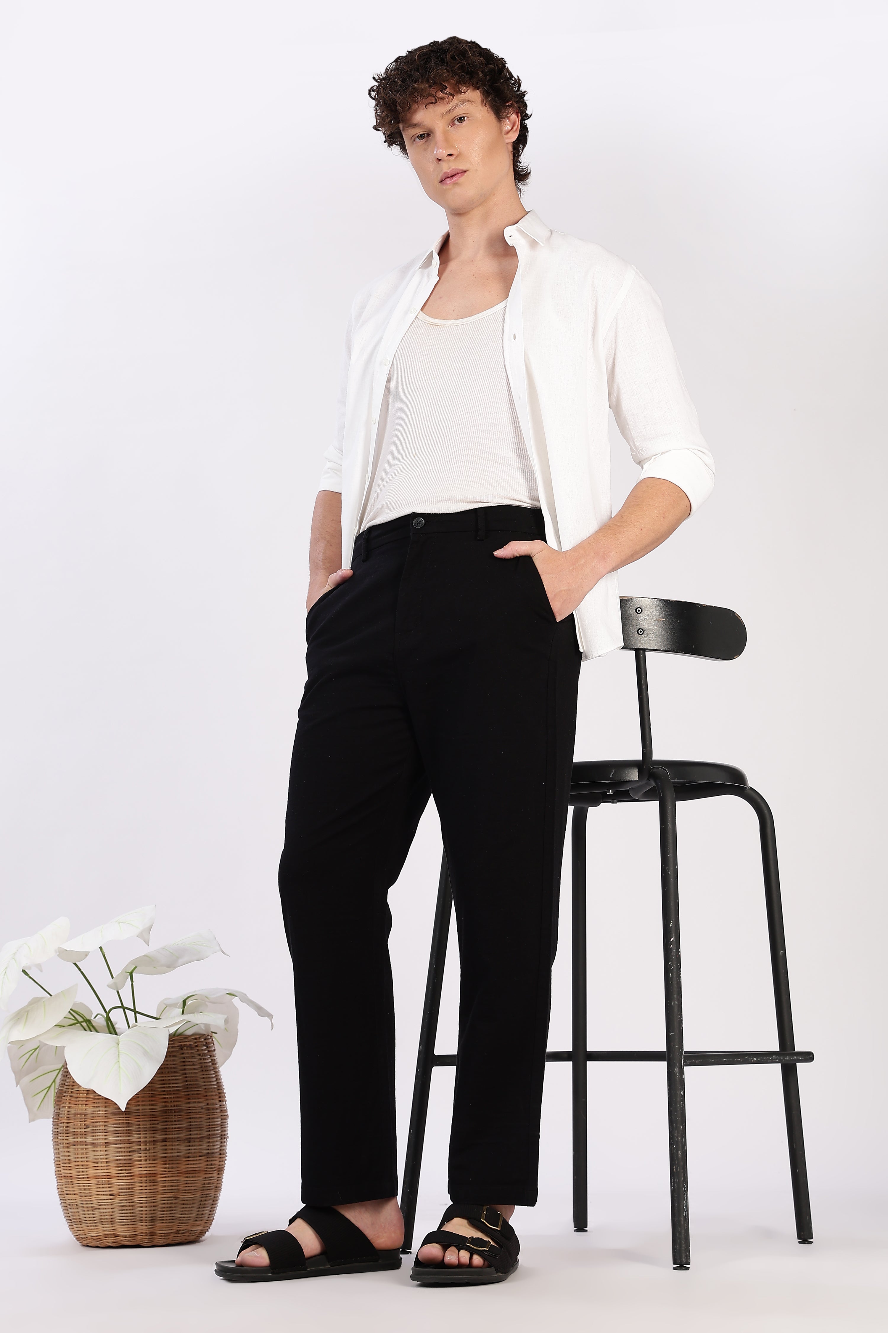 Linen-style 100% Cotton Straight Fit Jet Black Pant
